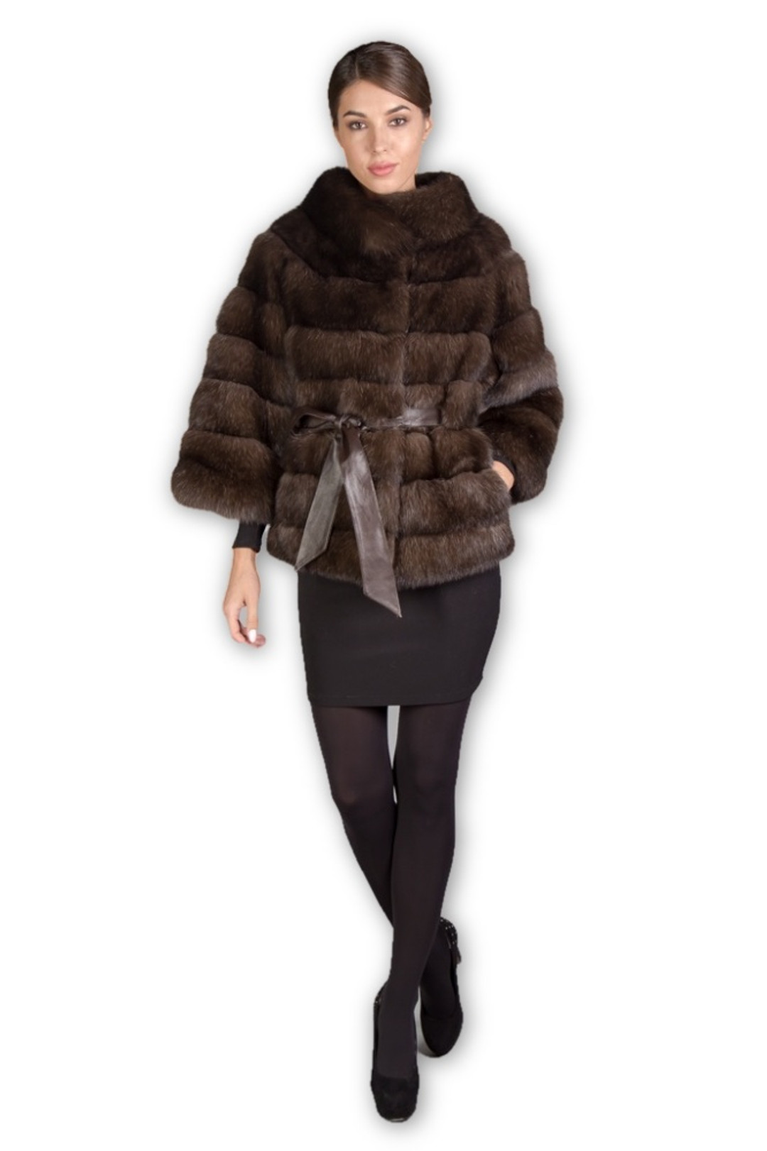 brown sable fur jacket on model wearing black mini skirt with pelts stiched across and brown silk belt brown sable fur jacket on model wearing black mini skirt with pelts stiched across and brown silk belt