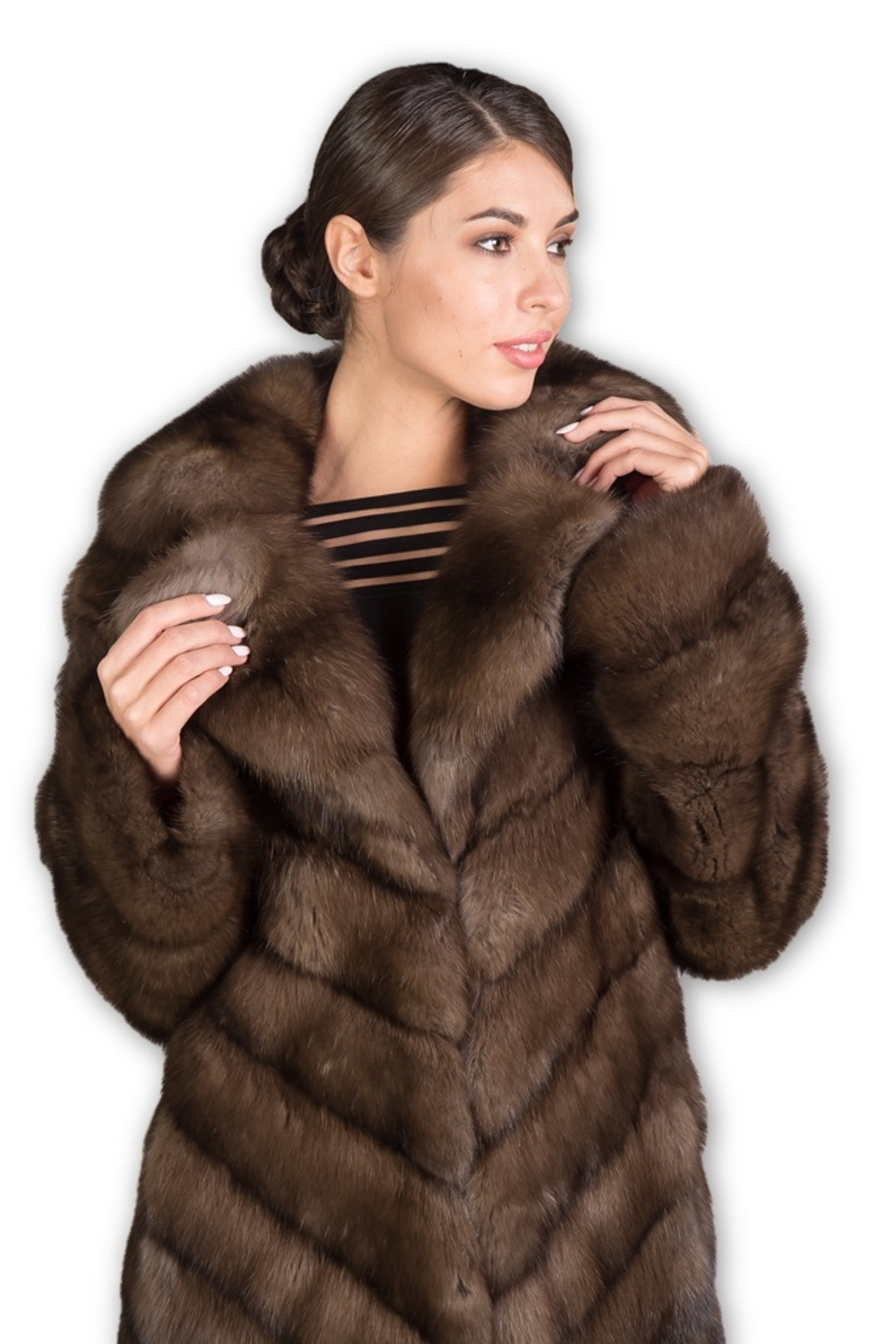 close up view of full length russian sable full coat on model with focus on notched collar