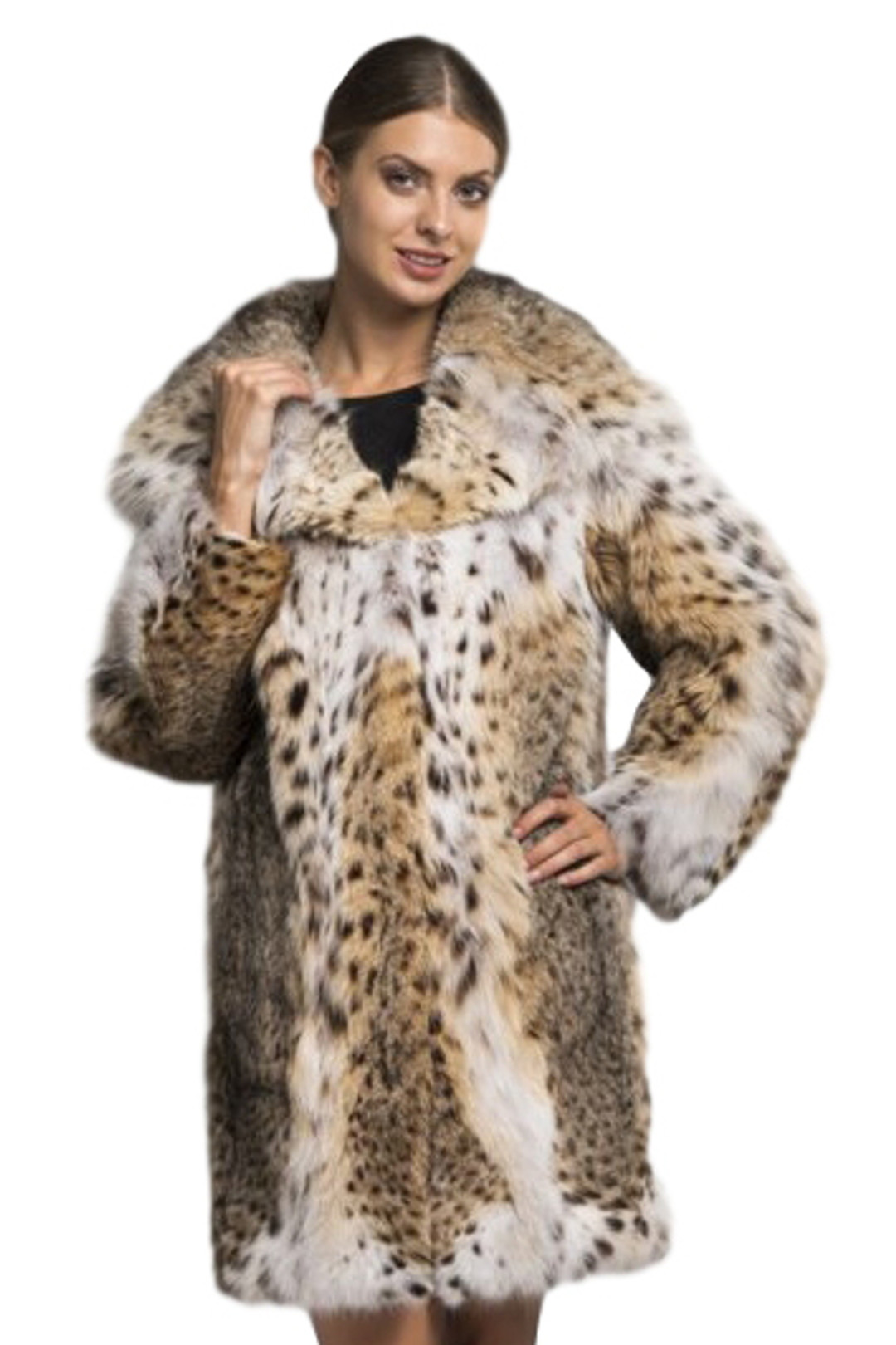 knee length lynx fur coat with hood ending on v-neck collar , tapered waist , on model wearing mini skirt and black leather heels