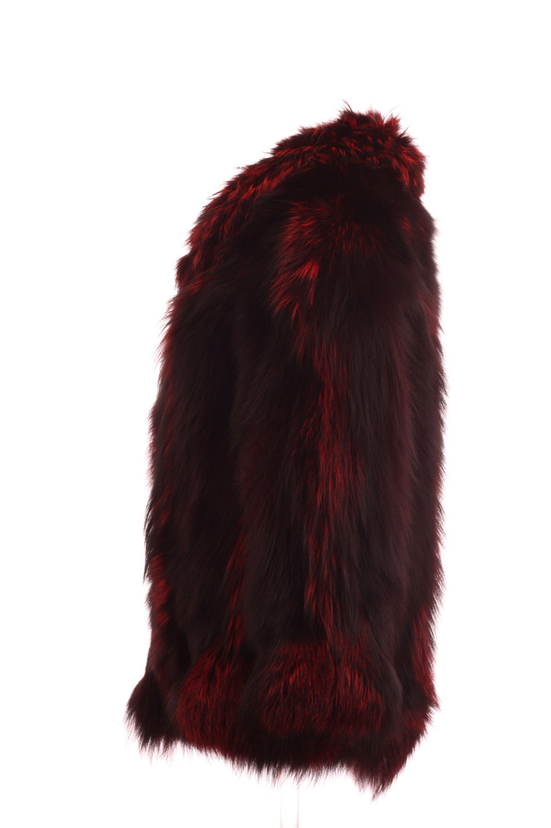 burgundy red  Fox Fur coat  with shawl collar waist length lateral  view , dyed silver fox fur to red burgundy red  Fox Fur coat  with shawl collar waist length lateral  view , dyed silver fox fur to red