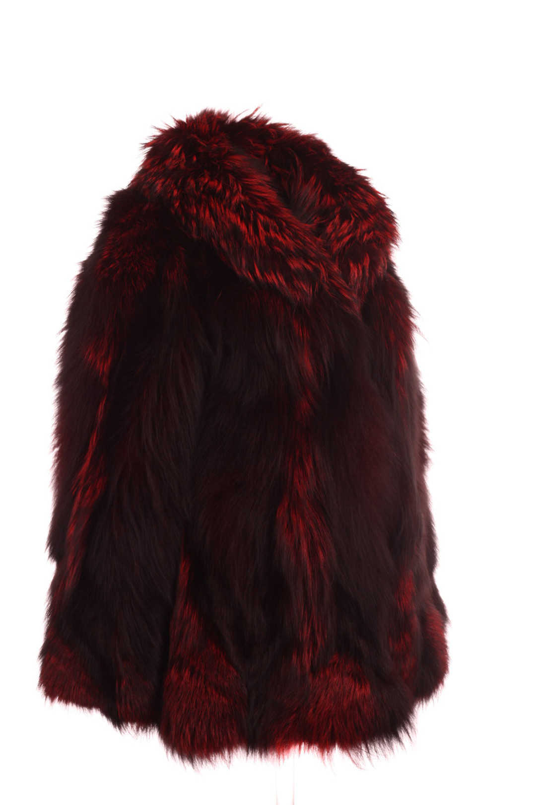 Luscious red  Fox Fur coat waist length profile   view , dyed silver fox fur to red Luscious red  Fox Fur coat waist length profile   view , dyed silver fox fur to red