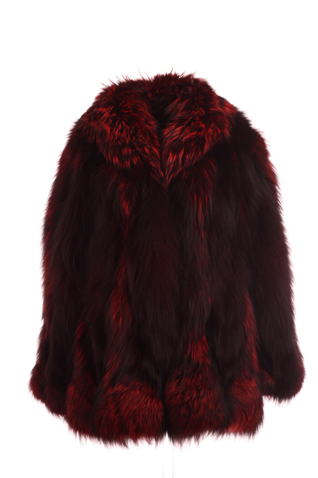 burgundy  red  Fox Fur coat with shawl collar  waist length front  view burgundy  red  Fox Fur coat with shawl collar  waist length front  view