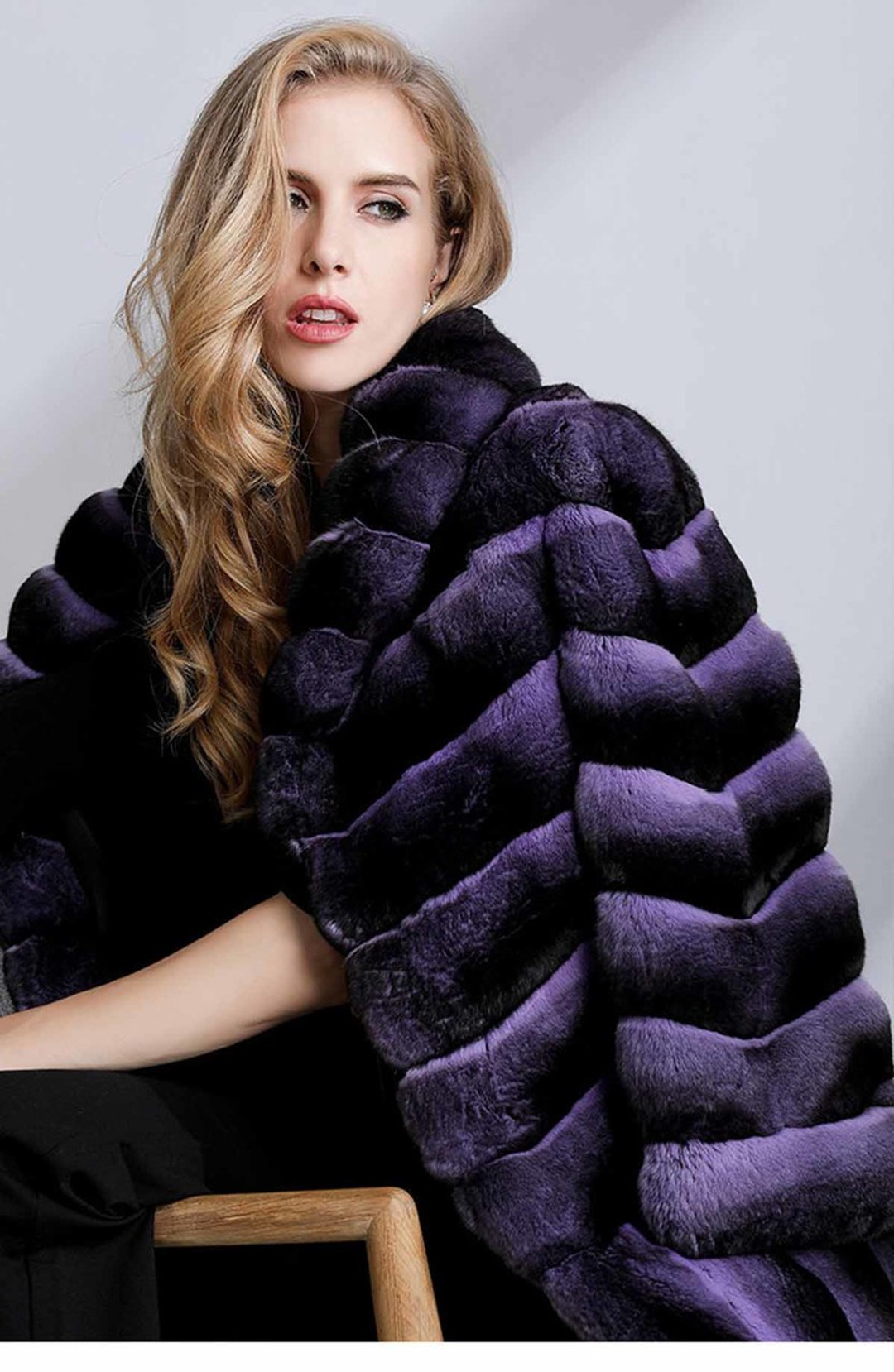 Purple Chinchilla Fur Coat Wide Bottom Sweep on armchair
