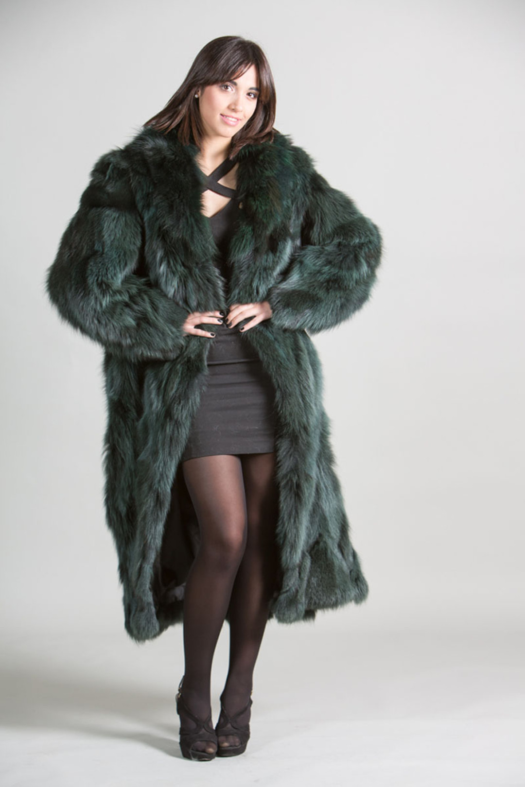 Green Fox Fur Coat  with shawl collar Full Length on model front view Green Fox Fur Coat  with shawl collar Full Length on model front view