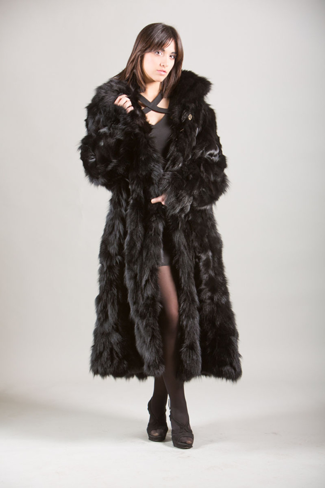 black fox fur coat 4/5 length sectional made of flanks black fox fur coat 4/5 length sectional made of flanks