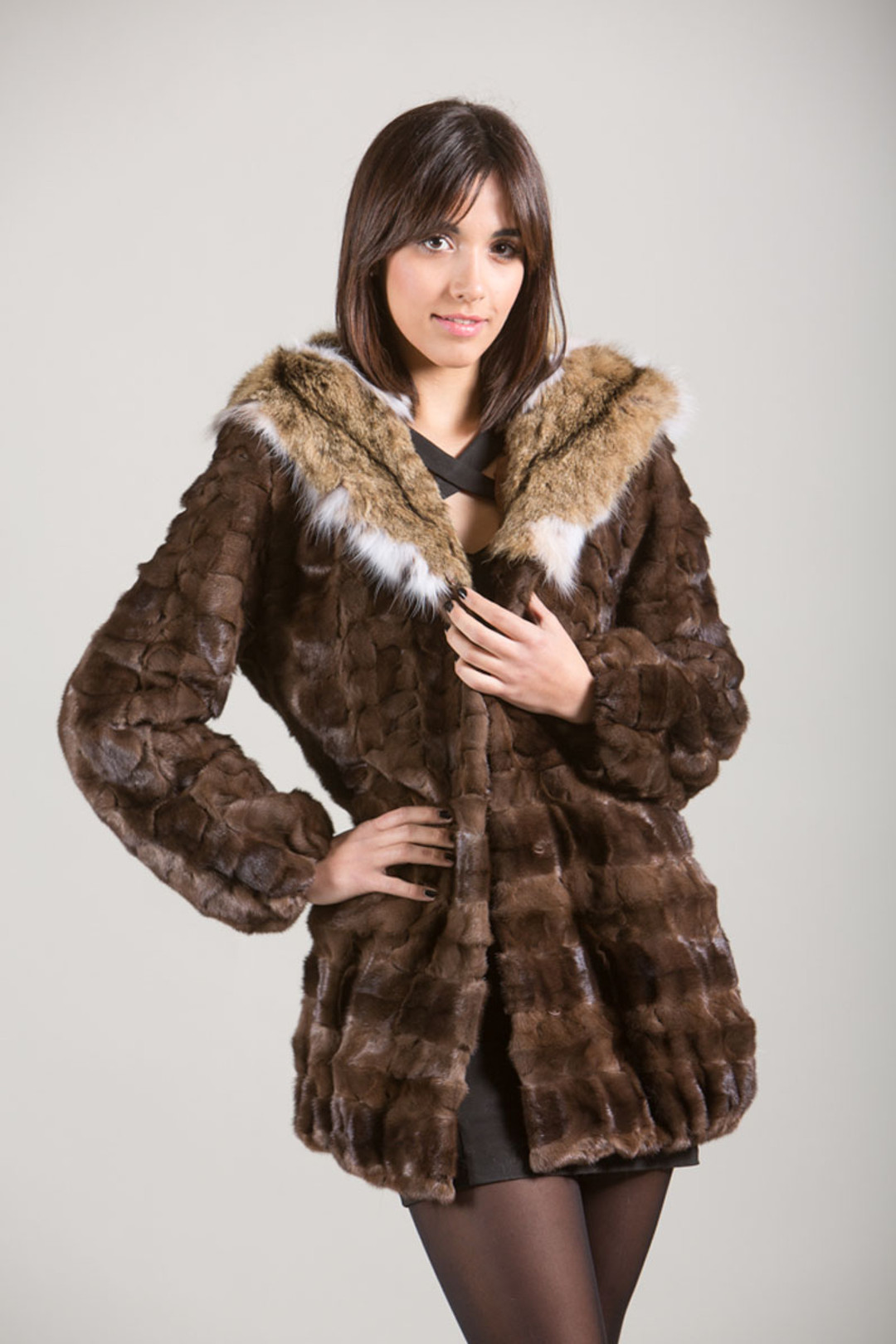 Brown Mink Fur Coat with Lynx Hood off on model Brown Mink Fur Coat with Lynx Hood off on model