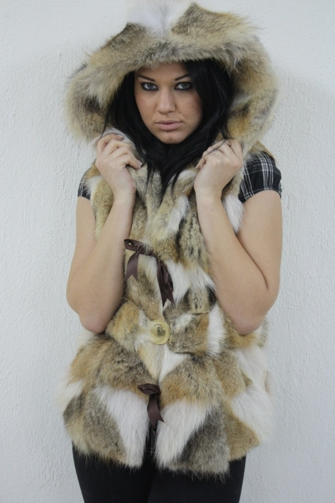 red fox Fur Vest Hooded Belt