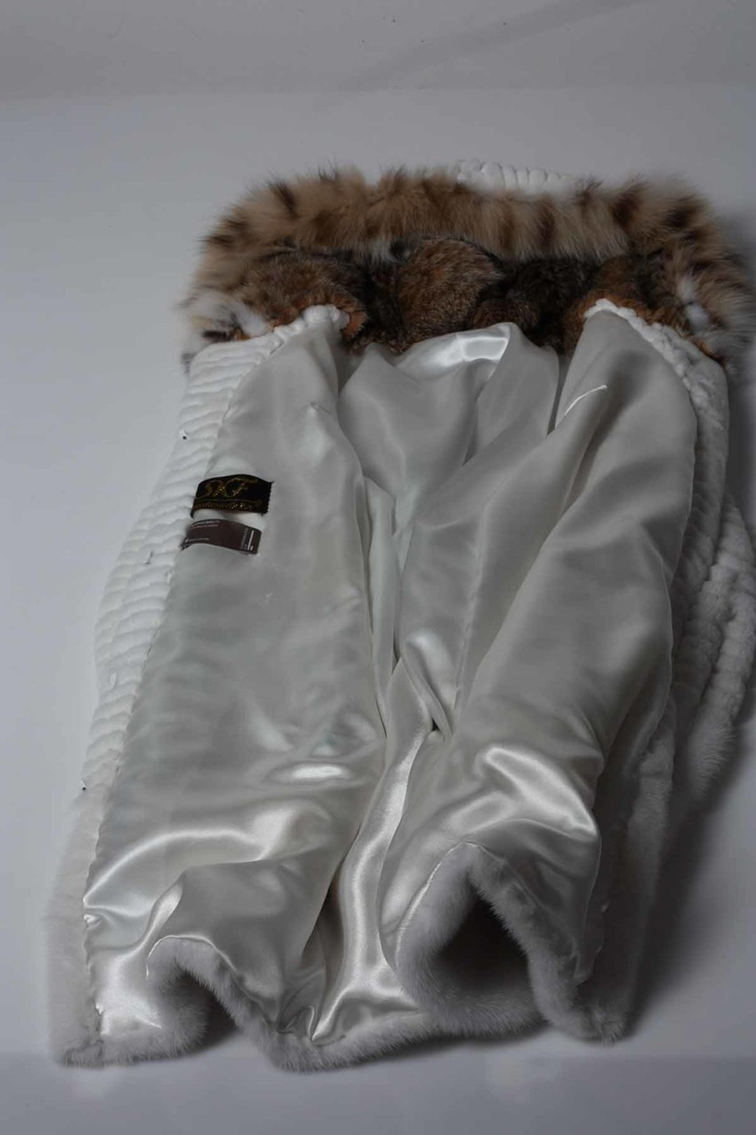 White sheared Mink Fur Coat with Lynx Hood Laser Sculpted inner lining satin