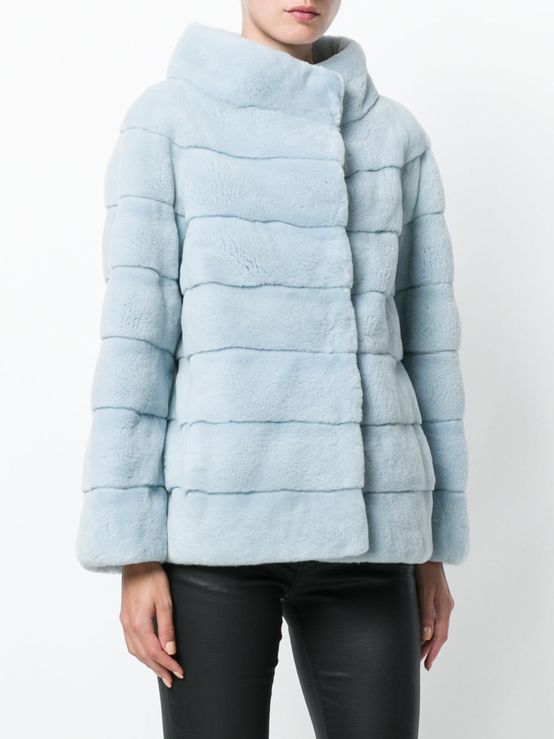 Sheared  Ciel Mink Fur Coat Stand Up Collar buttoned up on model fron view Sheared  Ciel Mink Fur Coat Stand Up Collar buttoned up on model fron view