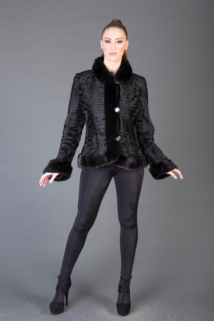 Black Broadtail Lamb Fur Jacket with Mink Trim | SKANDINAVIK FUR