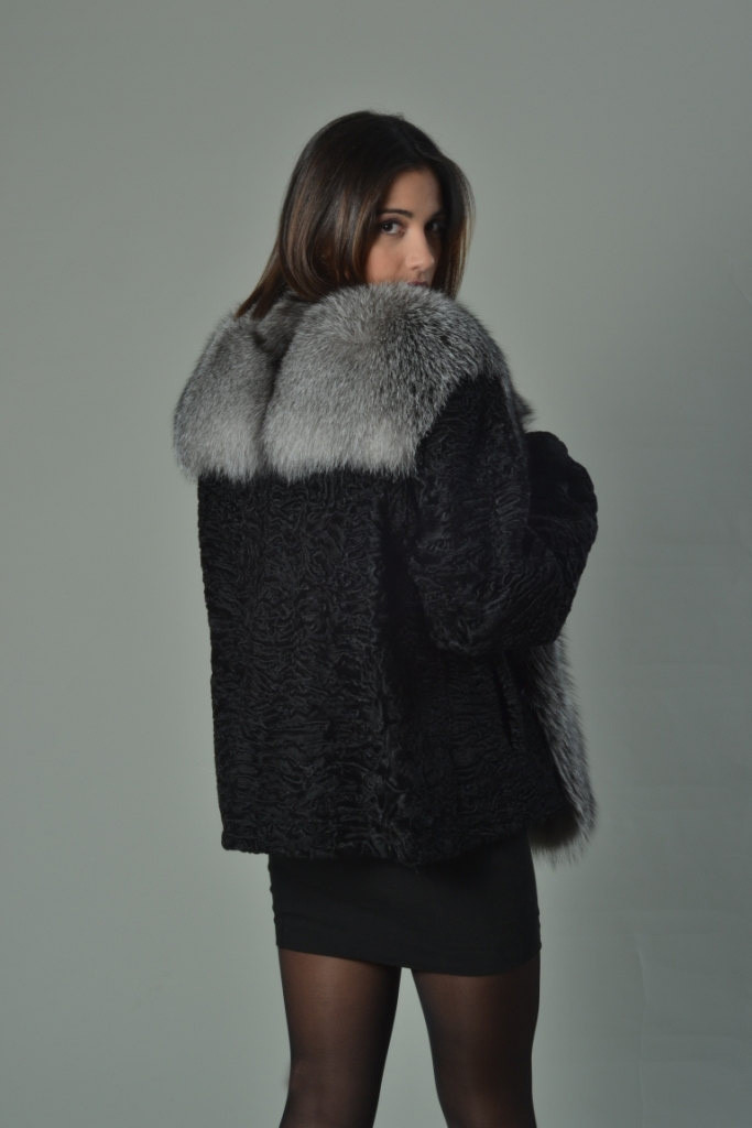 Black Persian Lamb Fur Jacket with Fox Collar Annette