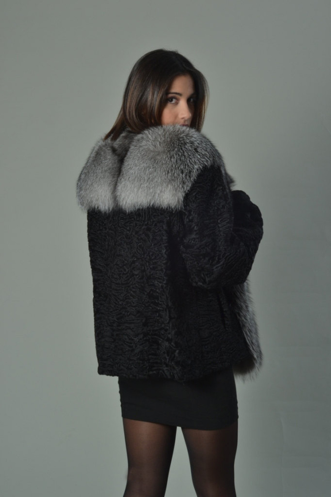 Black Persian Lamb Fur Jacket with Fox Collar Annette Black Persian Lamb Fur Jacket with Fox Collar Annette