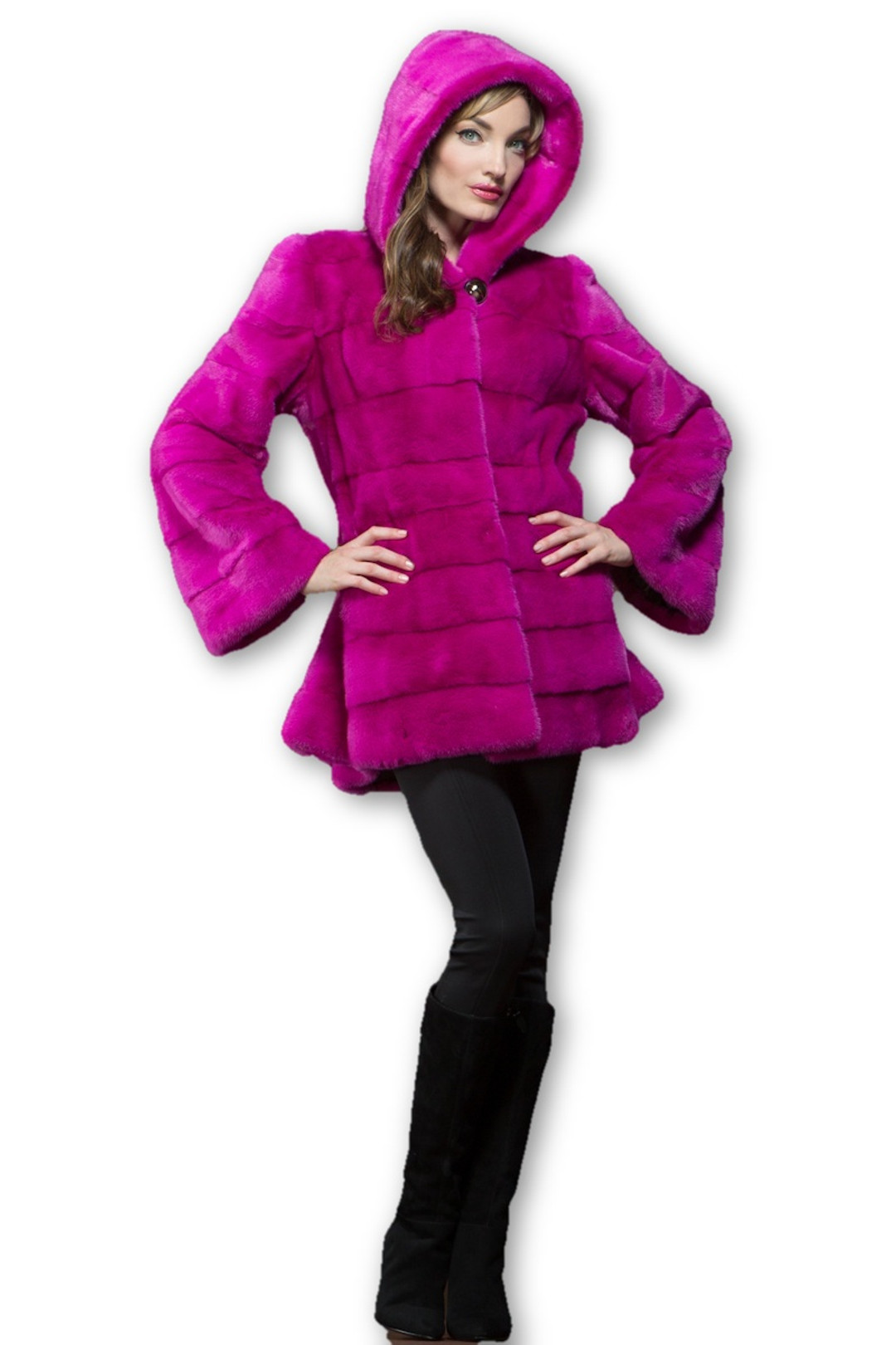 neon pink mink fur coat hooded on model