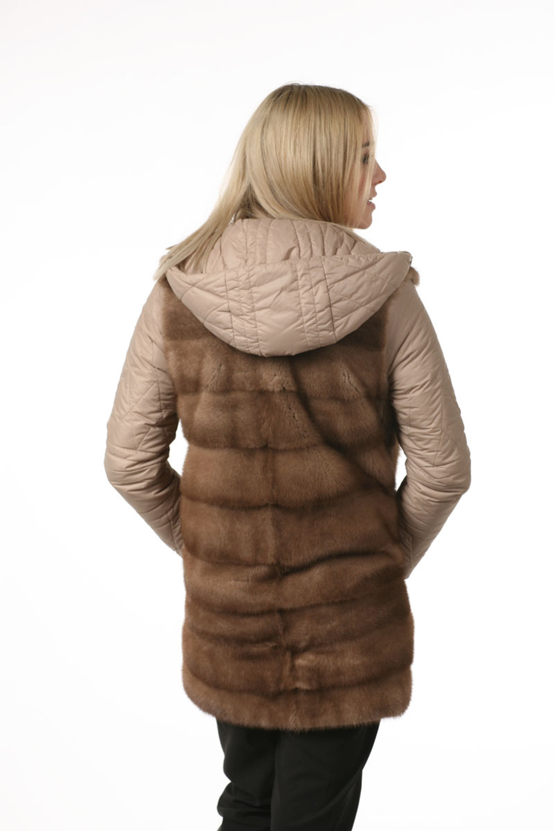 Pastel hooded  mink fur coat  on model side view back view