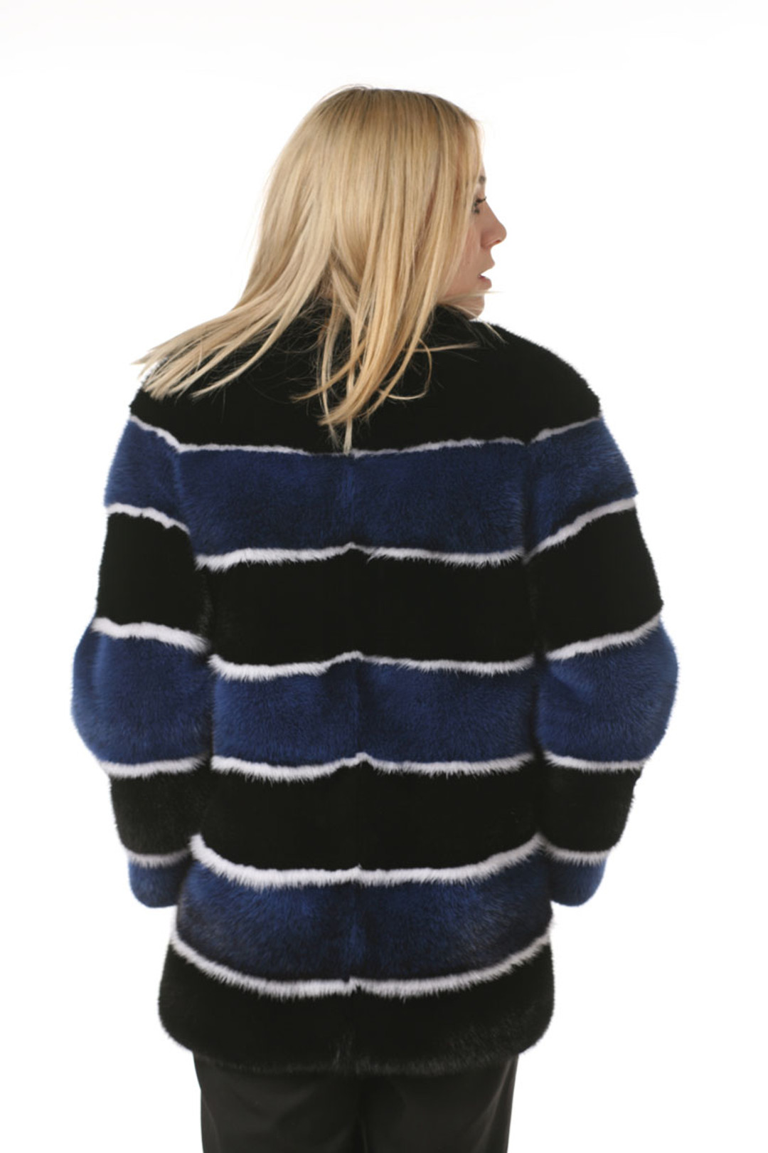 blue black white mink fuir jacket rear view blue black white mink fuir jacket rear view