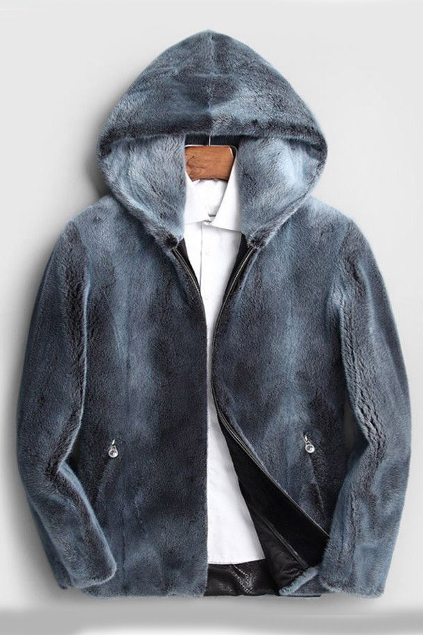Mens Blue Jean Colored Hooded Mink Fur Coat | SKANDINAVIK FUR