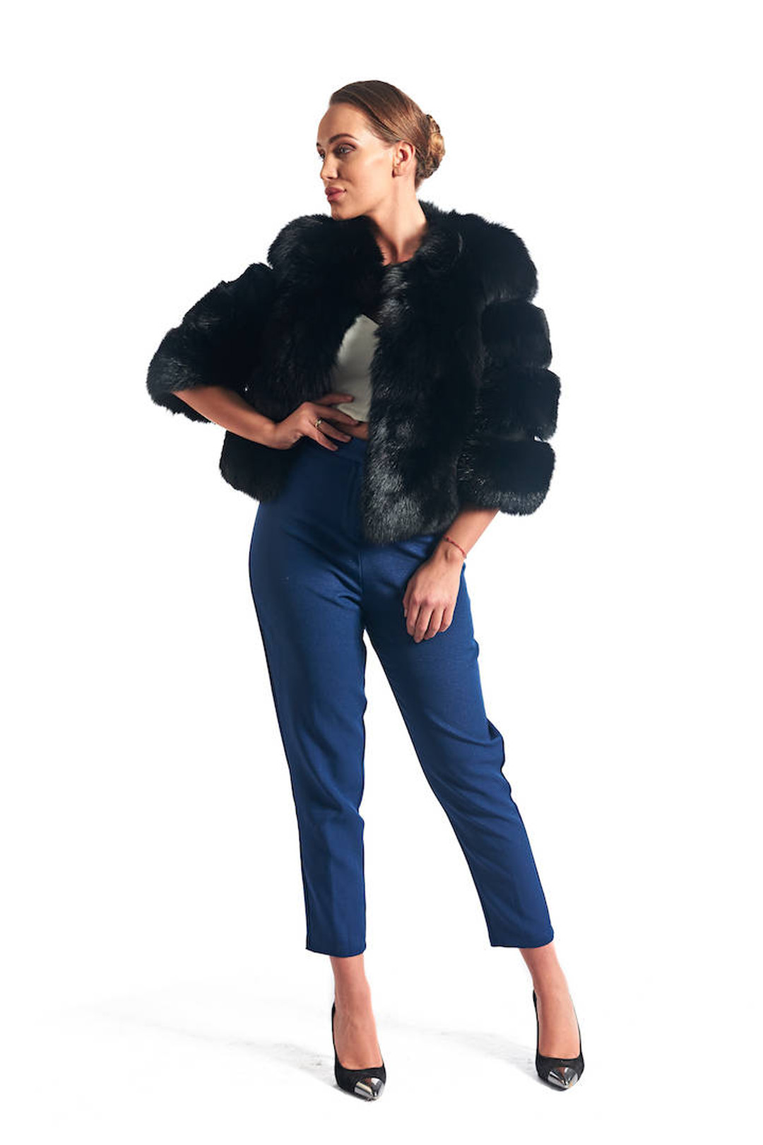 Black Fox Fur Jacket collarless short  sleeves Black Fox Fur Jacket collarless short  sleeves