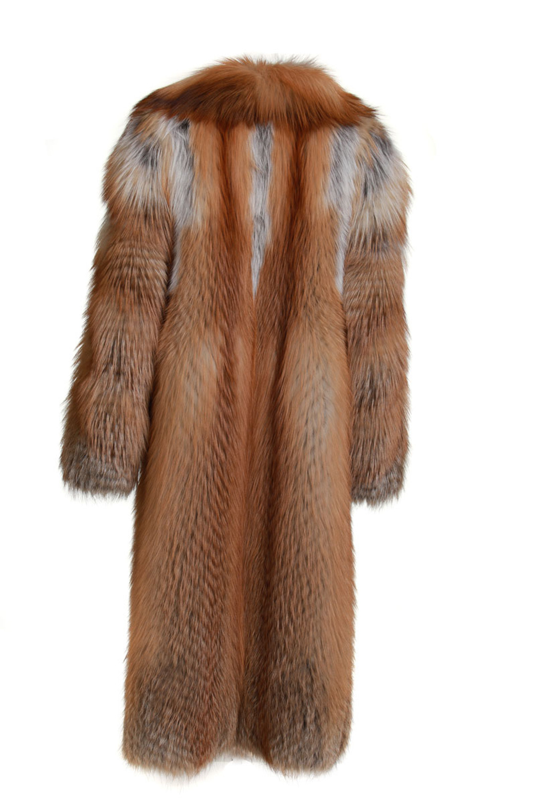 fully let out red fox fur coat with shawl collar rear view fully let out red fox fur coat with shawl collar rear view