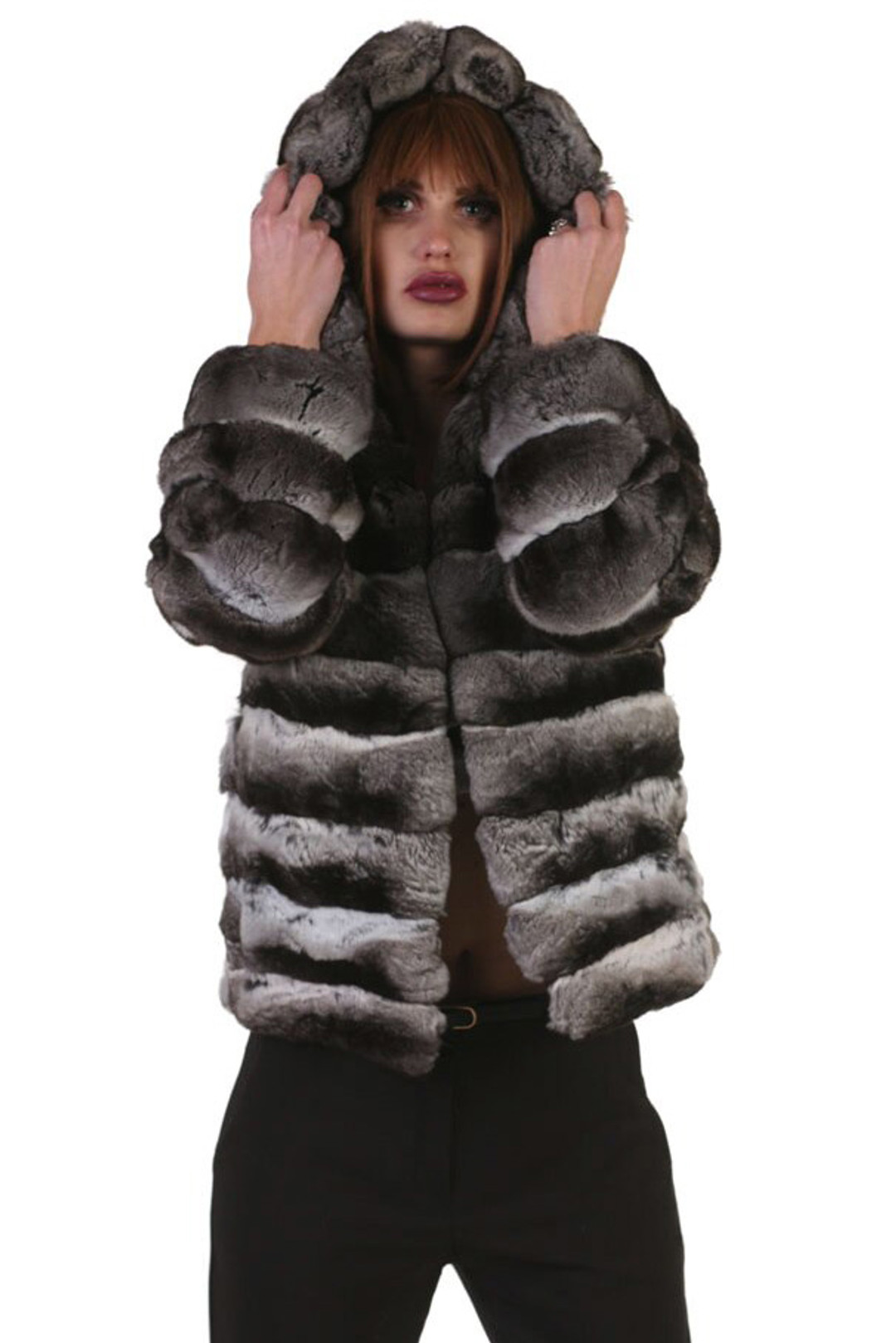 hooded short chinchilla coat on model