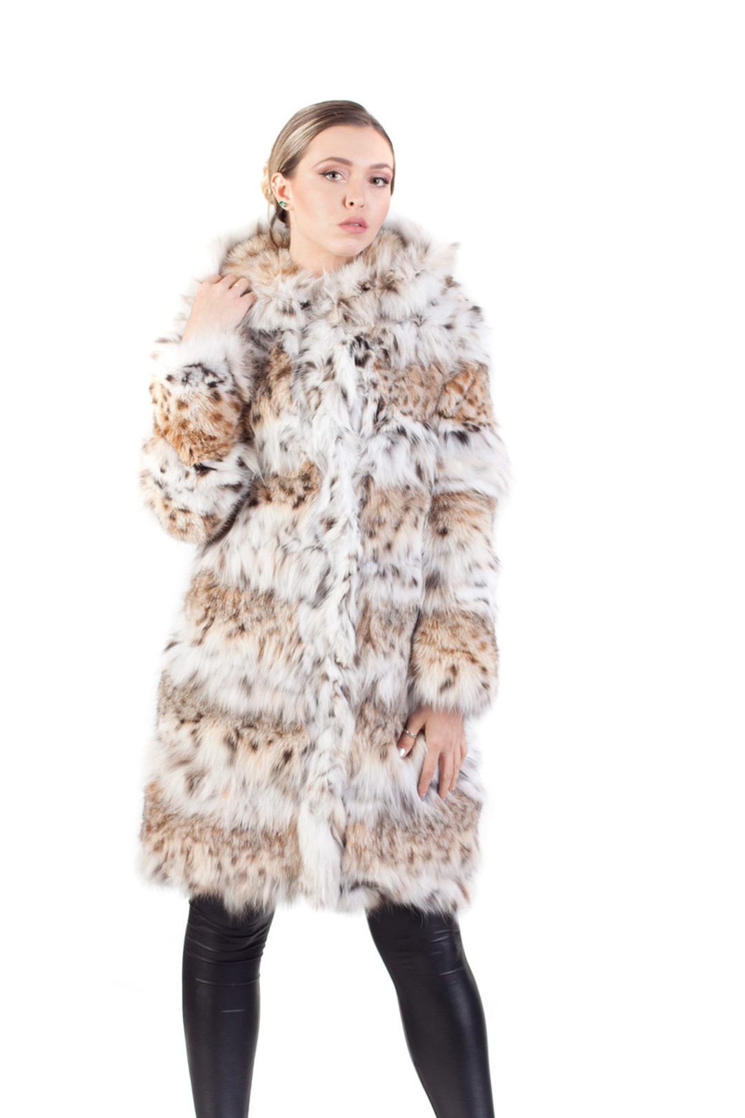 lynx coat with hood , knee length , with hood off lynx coat with hood , knee length , with hood off