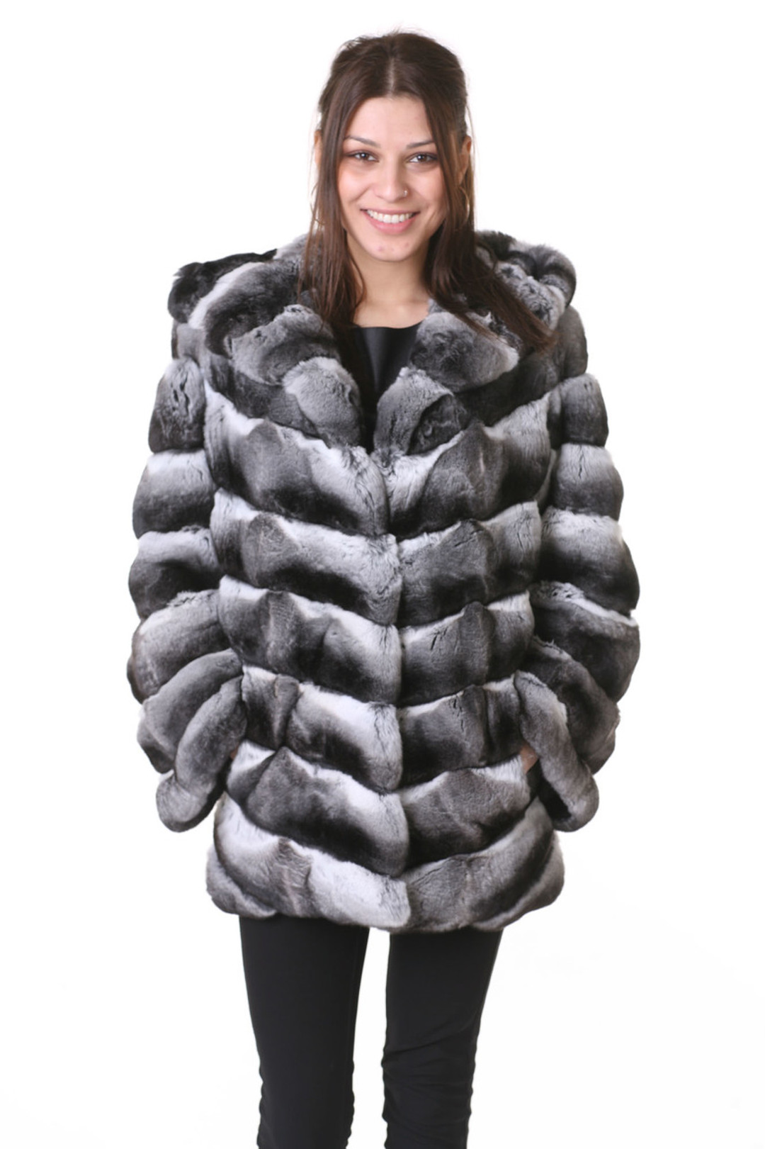 hooded chinchilla coat , mid-hip length on stunning brunette model