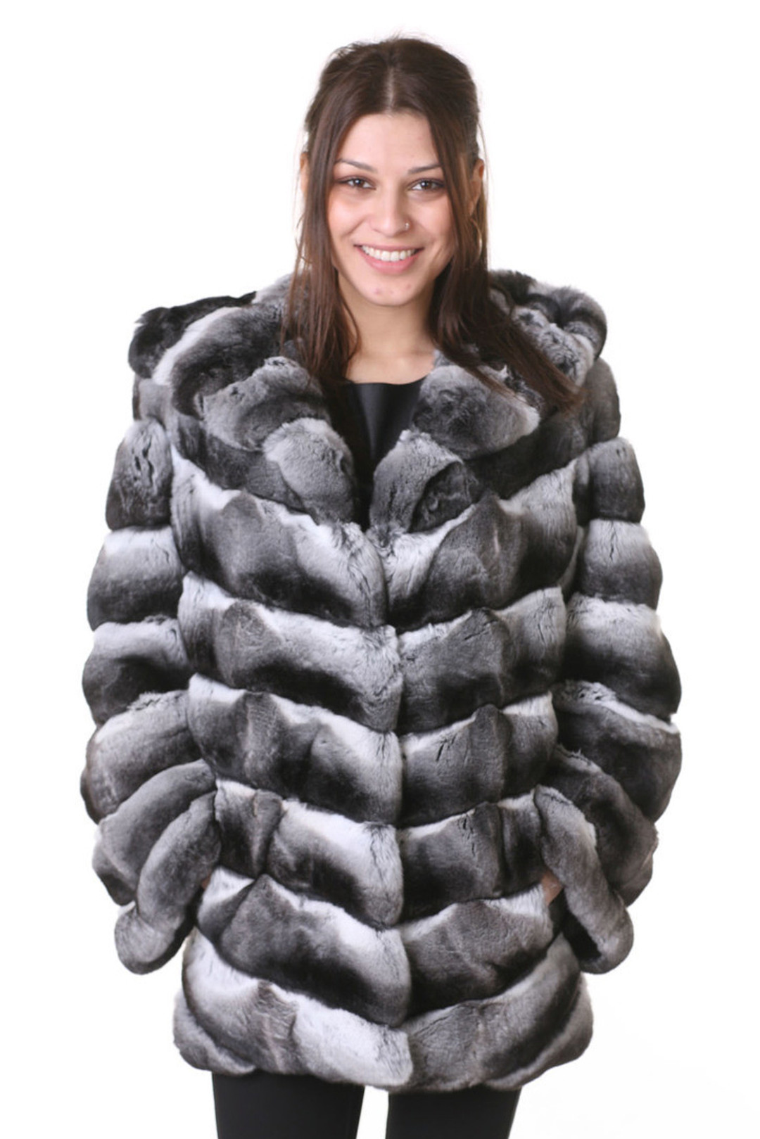 hooded chinchilla coat , mid-hip length on stunning brunette model