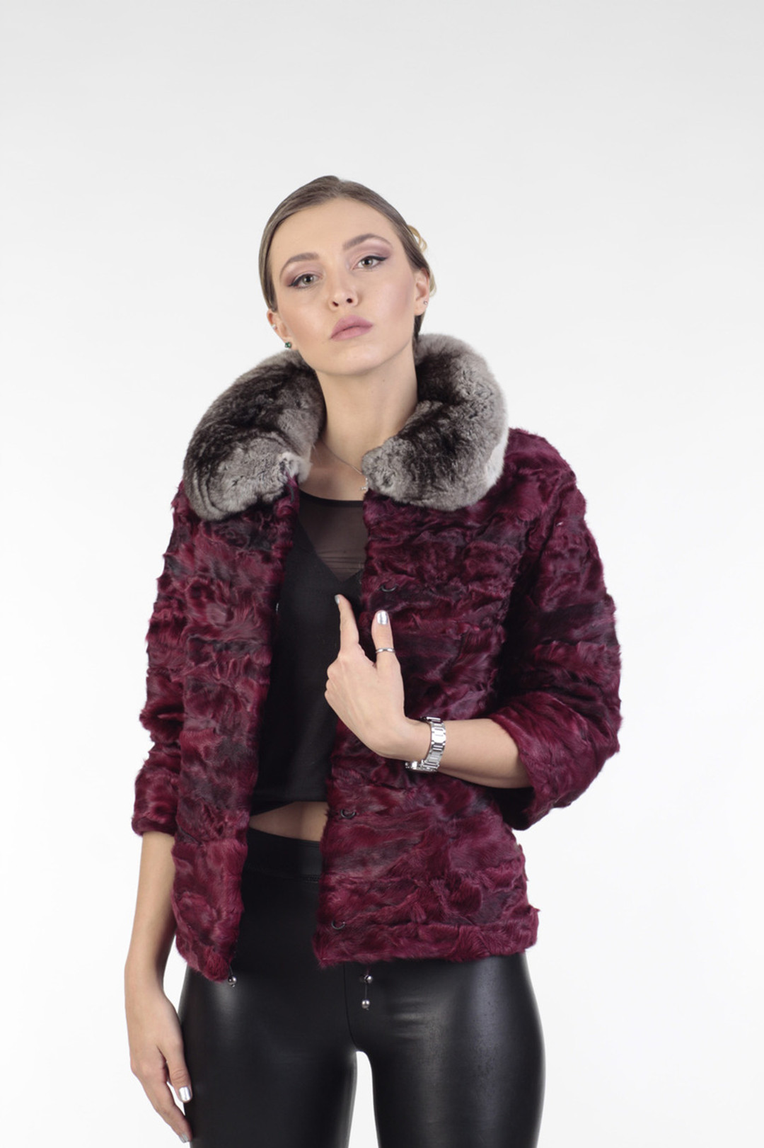 Purple SWAKARA Lamb Jacket & Chinchilla Collar Purple SWAKARA Lamb Jacket & Chinchilla Collar