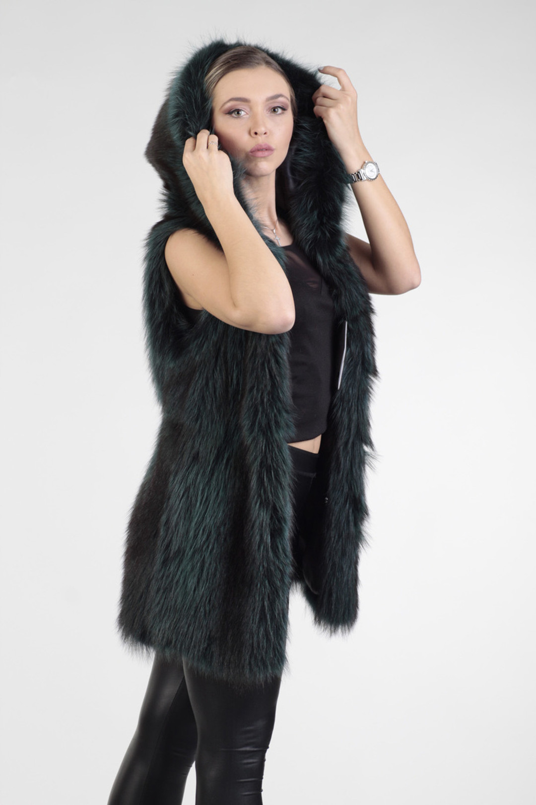 Green Raccoon  Fur Vest Hooded Green Raccoon  Fur Vest Hooded