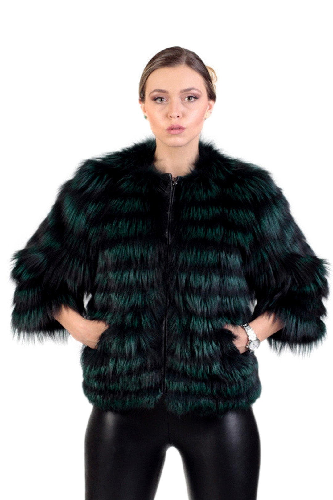 Green Raccoon  Fur Jacket Cropped