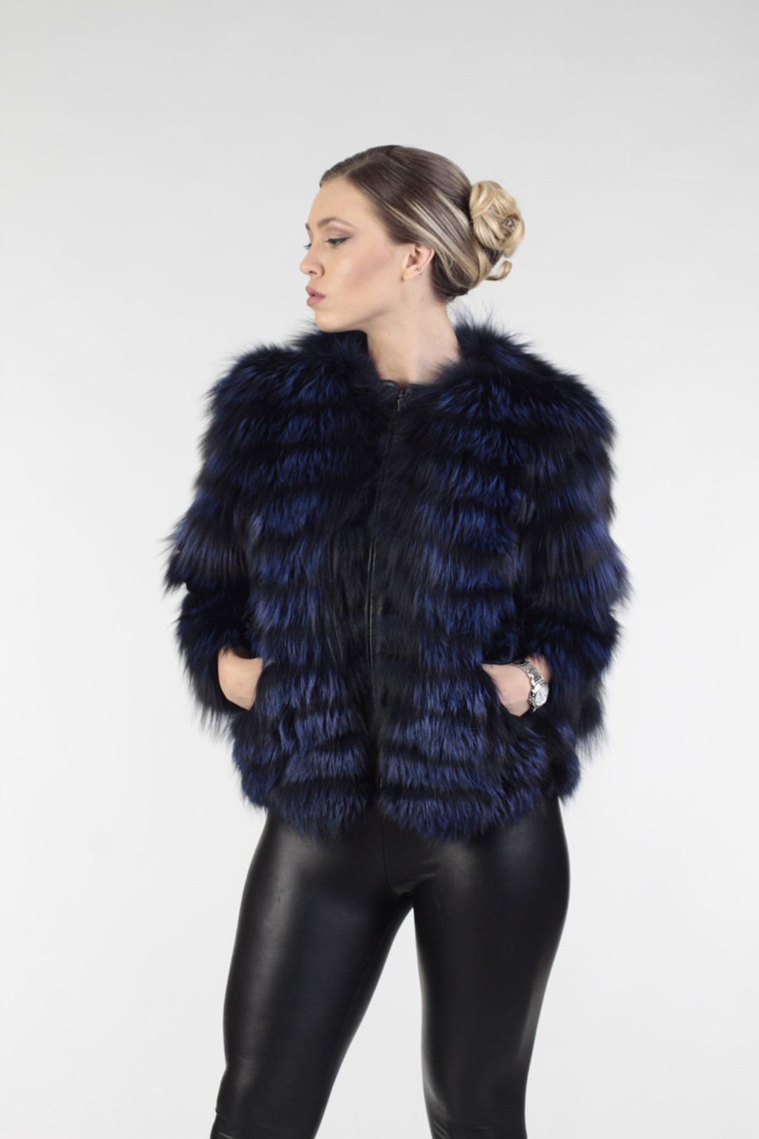 Blue Black   Raccoon  Fur Jacket Cropped Sleeves Blue Black   Raccoon  Fur Jacket Cropped Sleeves