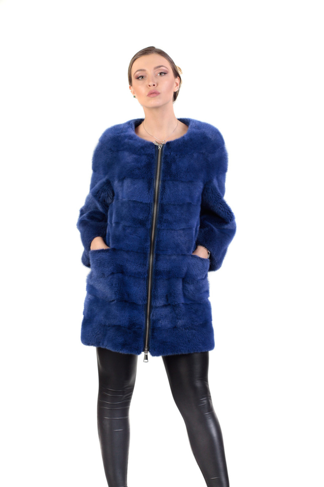 Electric Blue Mink Fur Coat Zipper