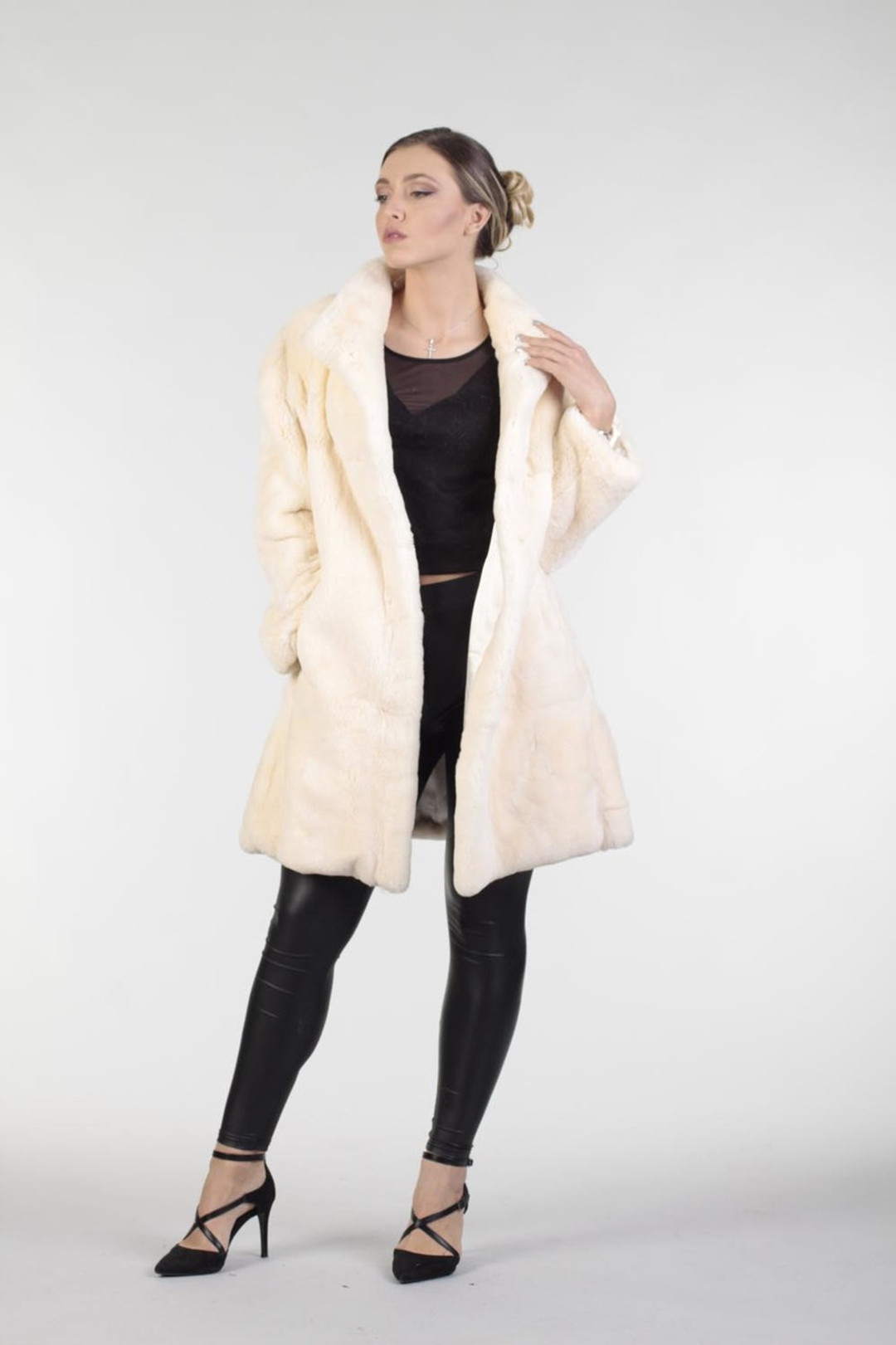 Off White Sheared Beaver Fur Coat