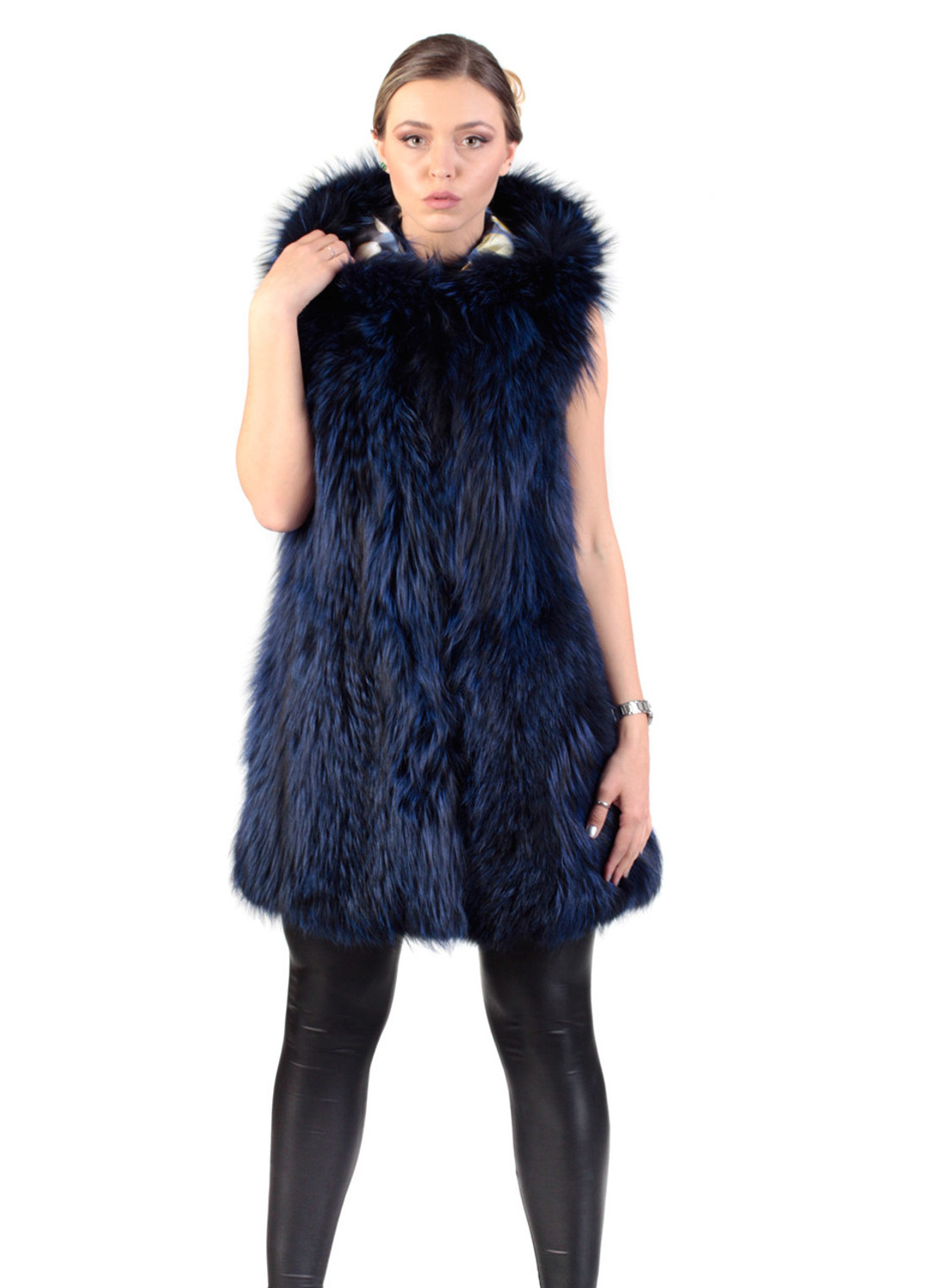 fully let out blue black fox fur vest  with hood