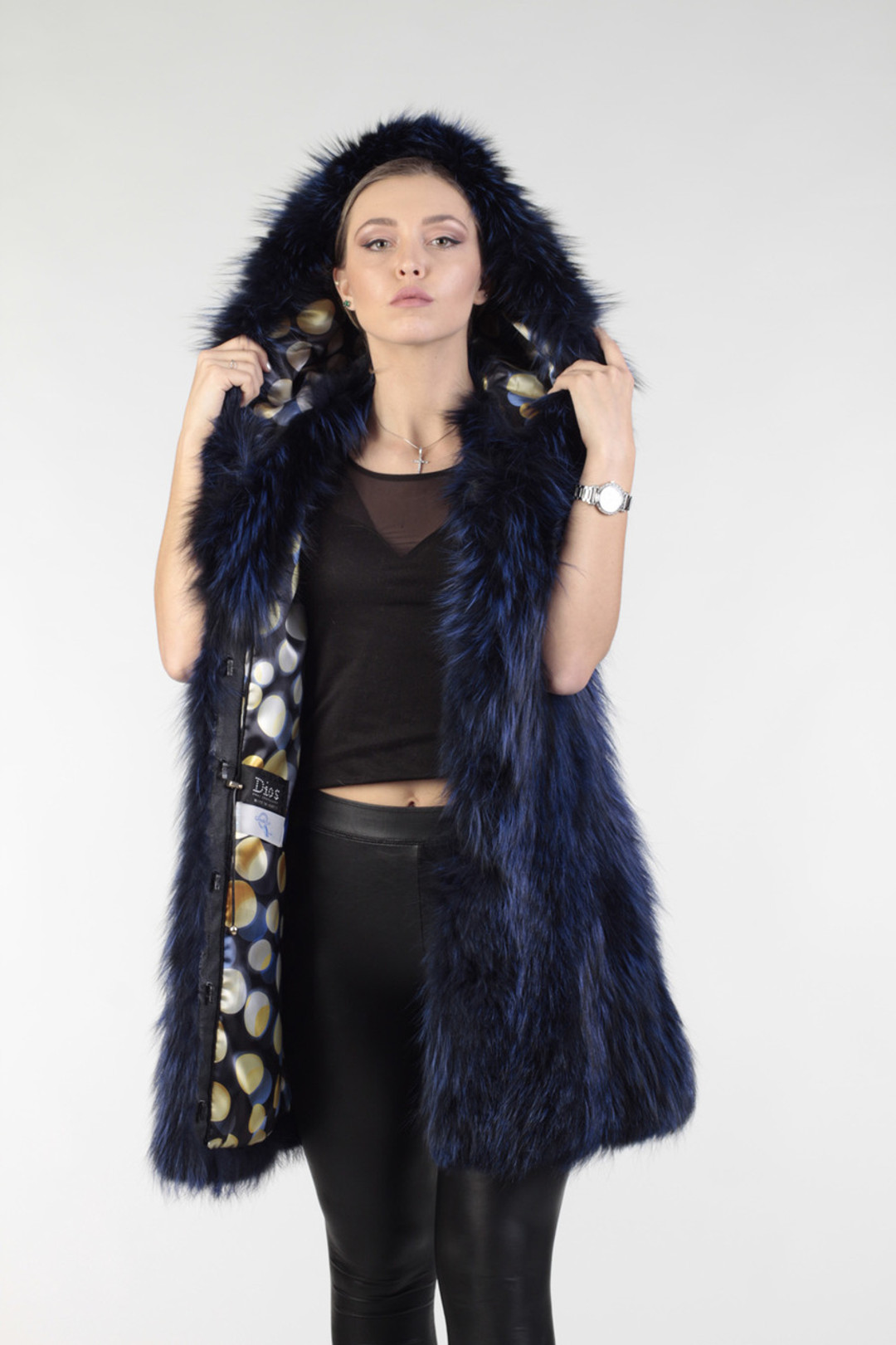 Blue Black Fox Fur Vest Hooded