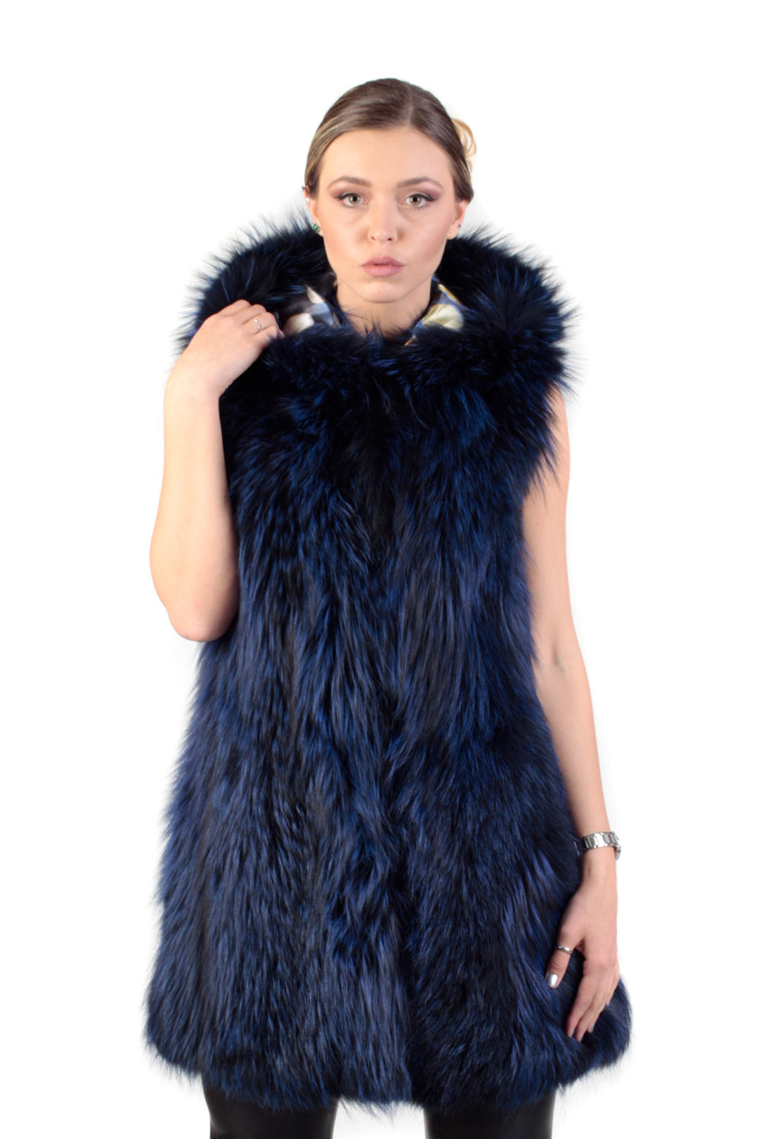 Blue Black Fox Fur Vest Hooded