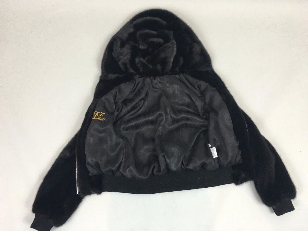men's black mink fur bomber jacket with hood and zipper lnner lining   view men's black mink fur bomber jacket with hood and zipper lnner lining   view