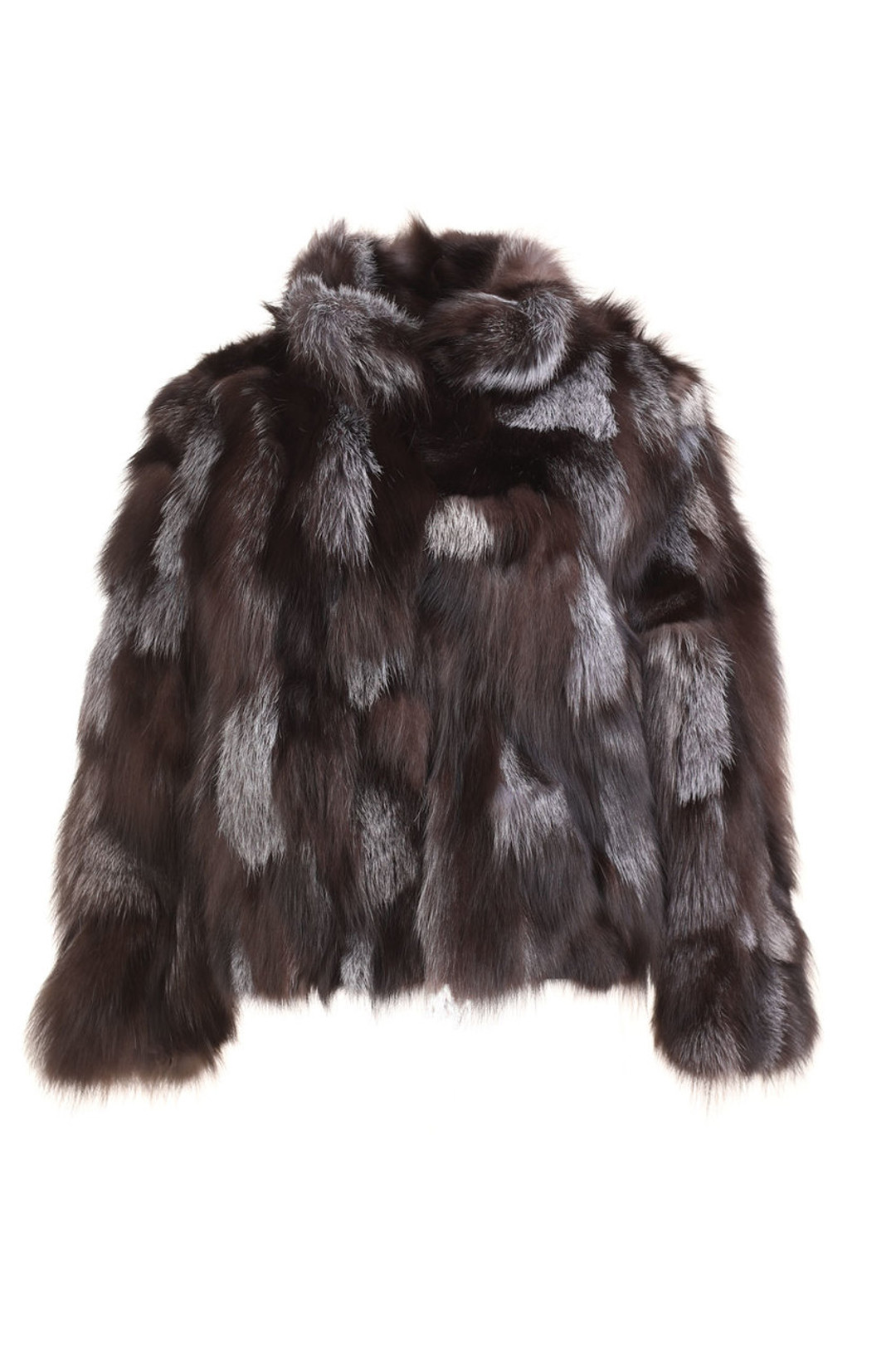 silver fox fur sectional jacket waist length rounded collar  front view