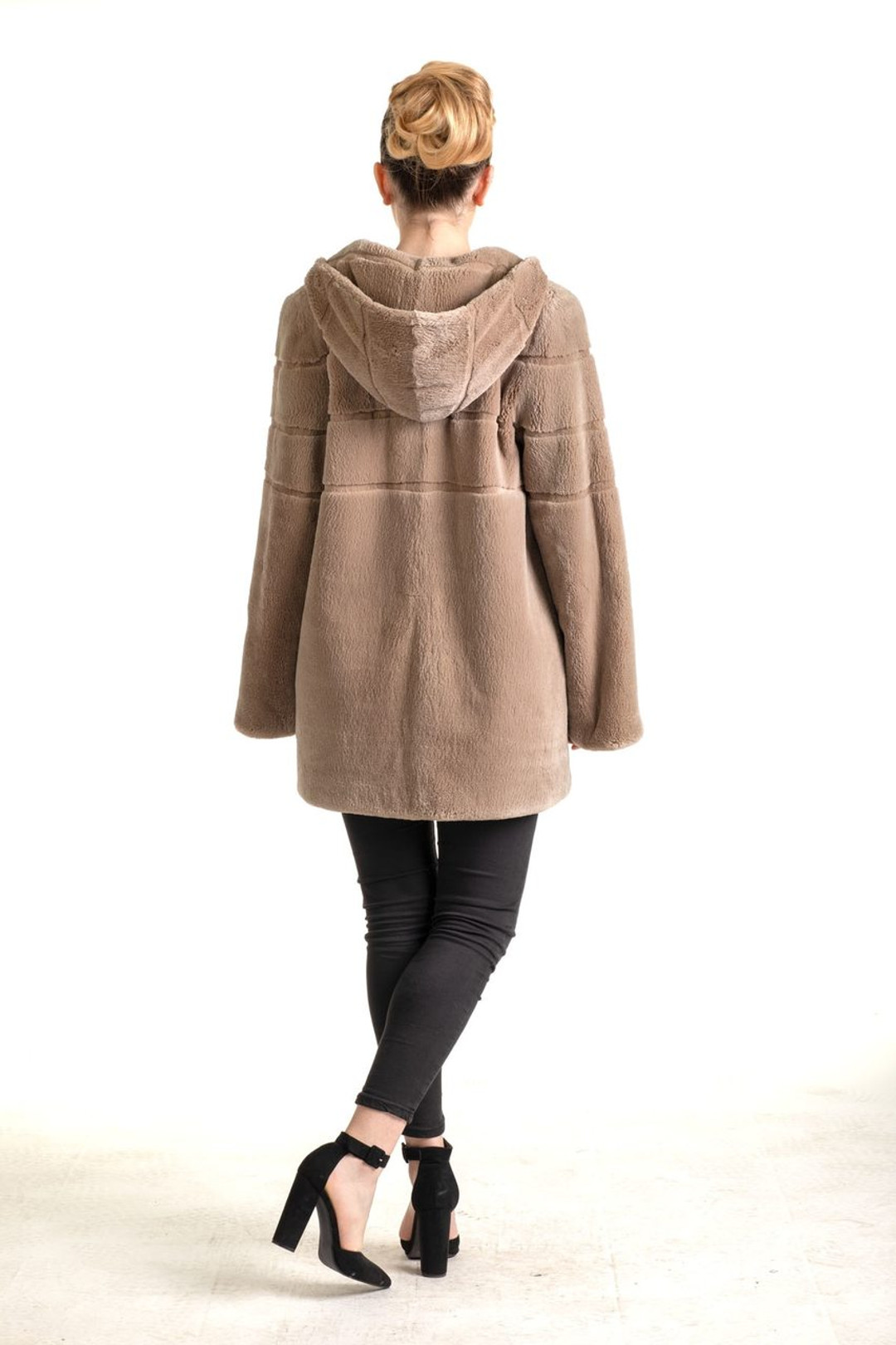 Light Brown Beaver Hooded Fur Coat