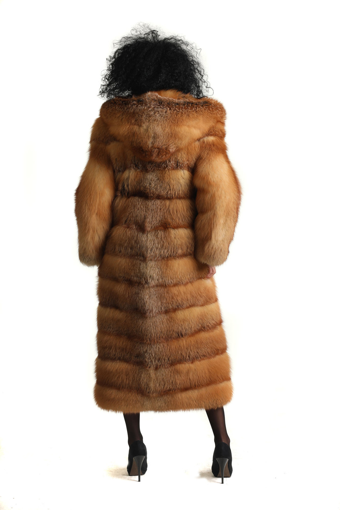 long saga hooded red fox fur coat rear view
