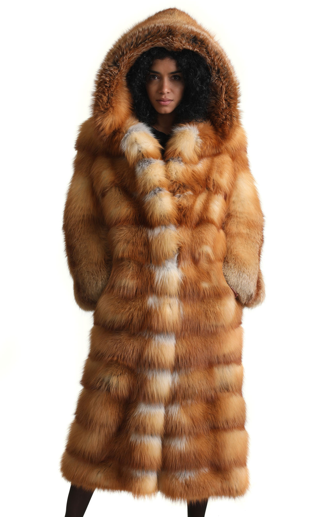 saga red fox fur coat 3/4 length hooded with hood on