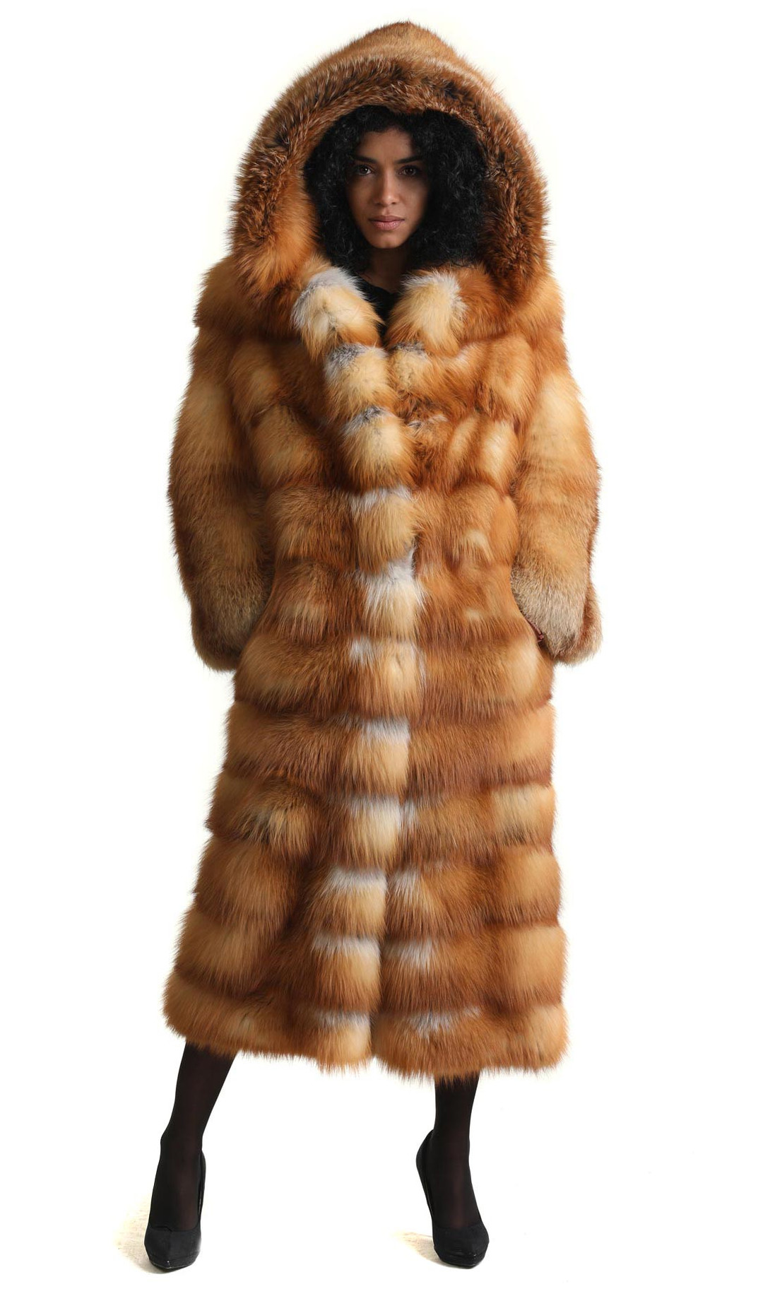 saga red fox fur coat long on model front part skin to skin rear part fully let out