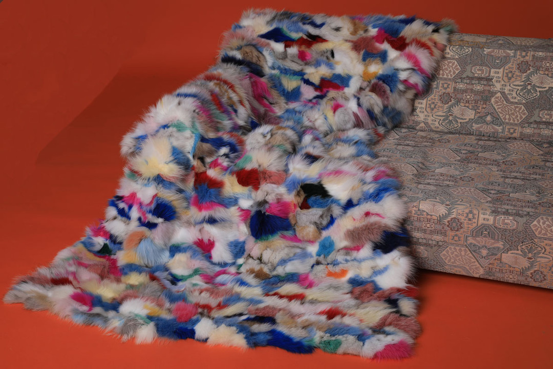 Multi-Color Fox Fur Blanket Throw Mosaic on sofa Multi-Color Fox Fur Blanket Throw Mosaic on sofa