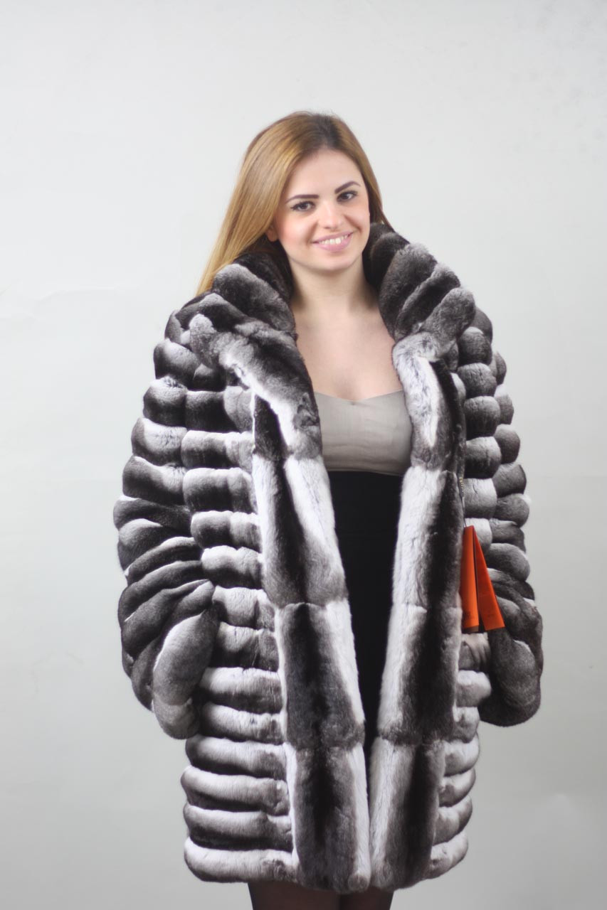 Mid Hip Chinchilla Fur Coat Stand Up Collar | SKANDINAVIK FUR