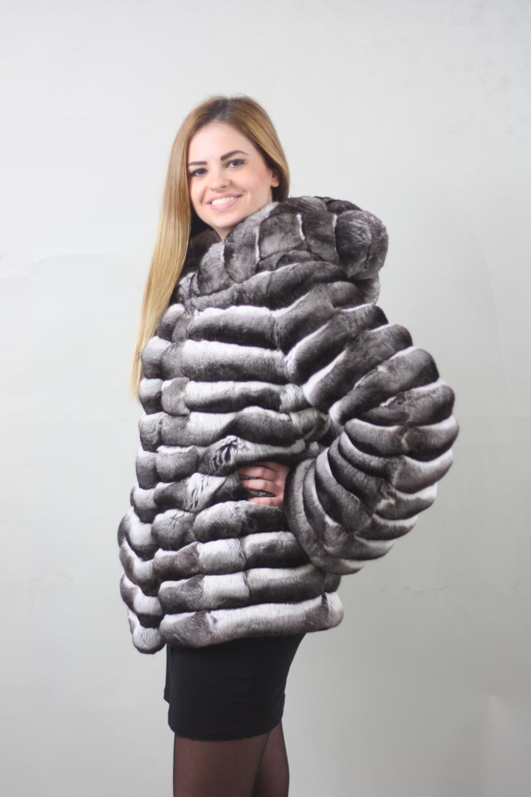 Hooded Chinchilla Coat Mid Hip Length