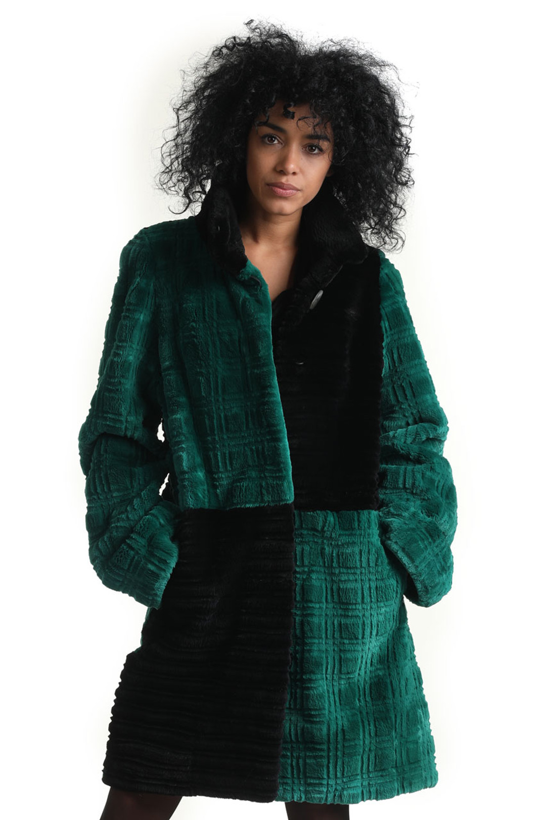 green black sheared and sculpted beaver fur coat with a line shape green black sheared and sculpted beaver fur coat with a line shape