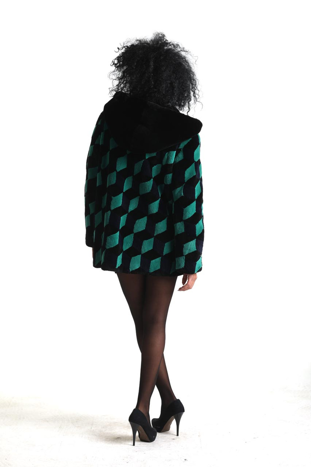 Hooded  Green Black Sheared Beaver Fur Coat Hooded  Green Black Sheared Beaver Fur Coat