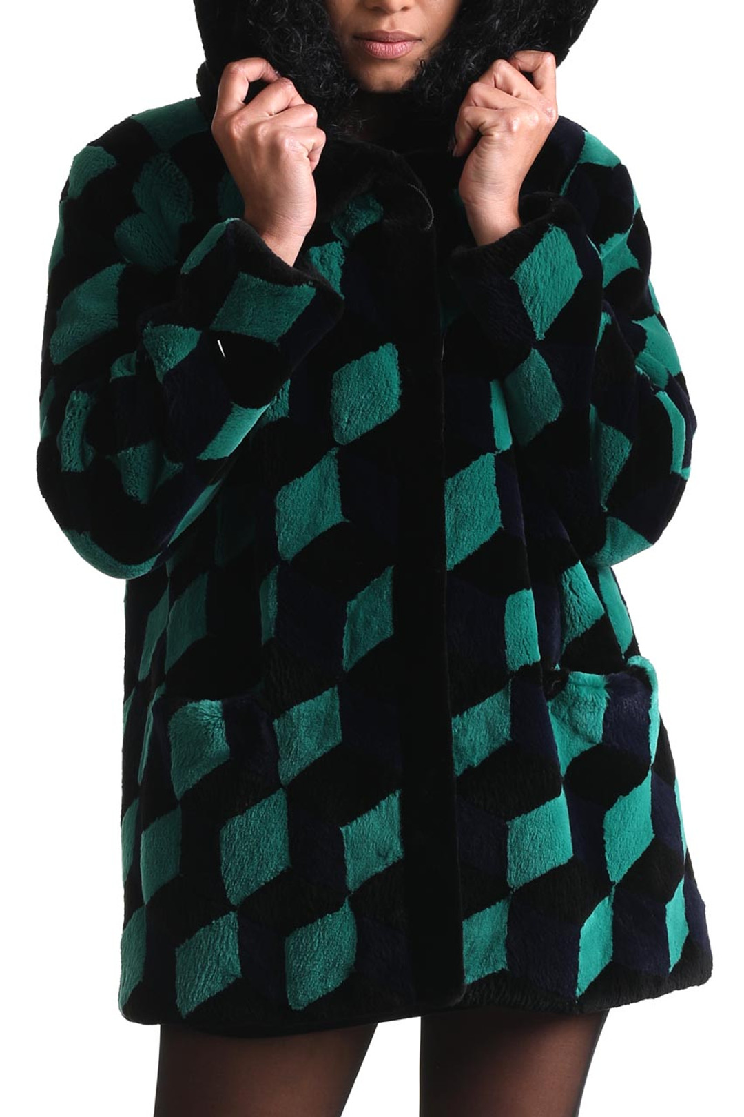 Hooded  Green Black Sheared Beaver Fur Coat Hooded  Green Black Sheared Beaver Fur Coat