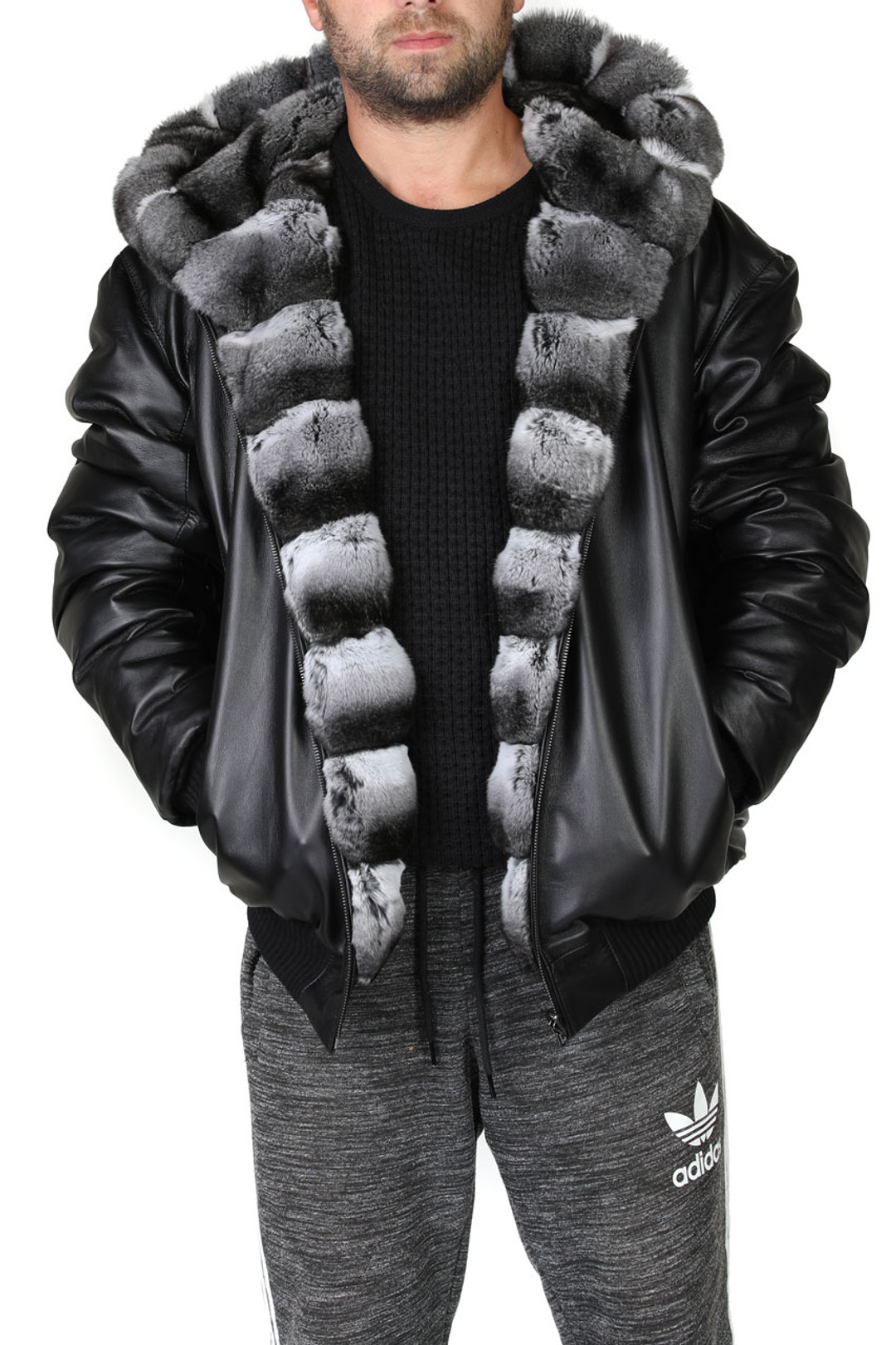 Reversible Hooded Chinchilla  Leather  Bomber Jacket