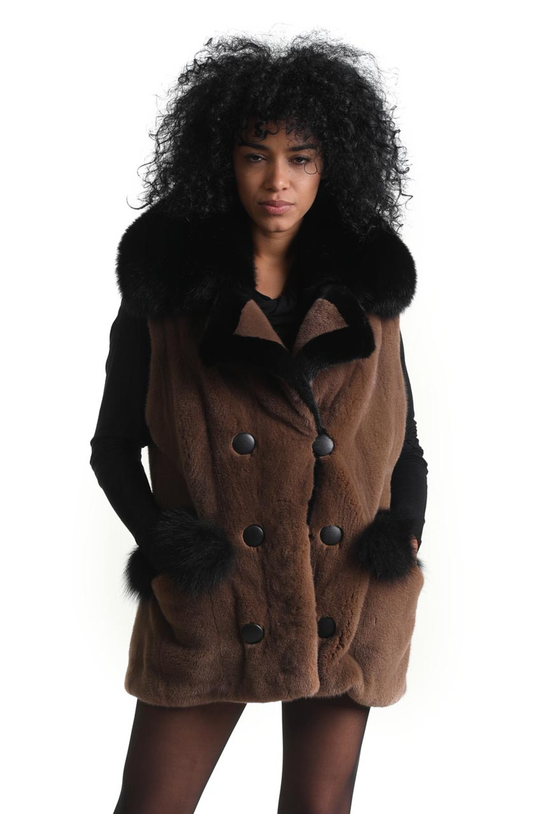 brown beaver fur vest with fox collar and fox fur pocket lids double breasted button closure brown beaver fur vest with fox collar and fox fur pocket lids double breasted button closure