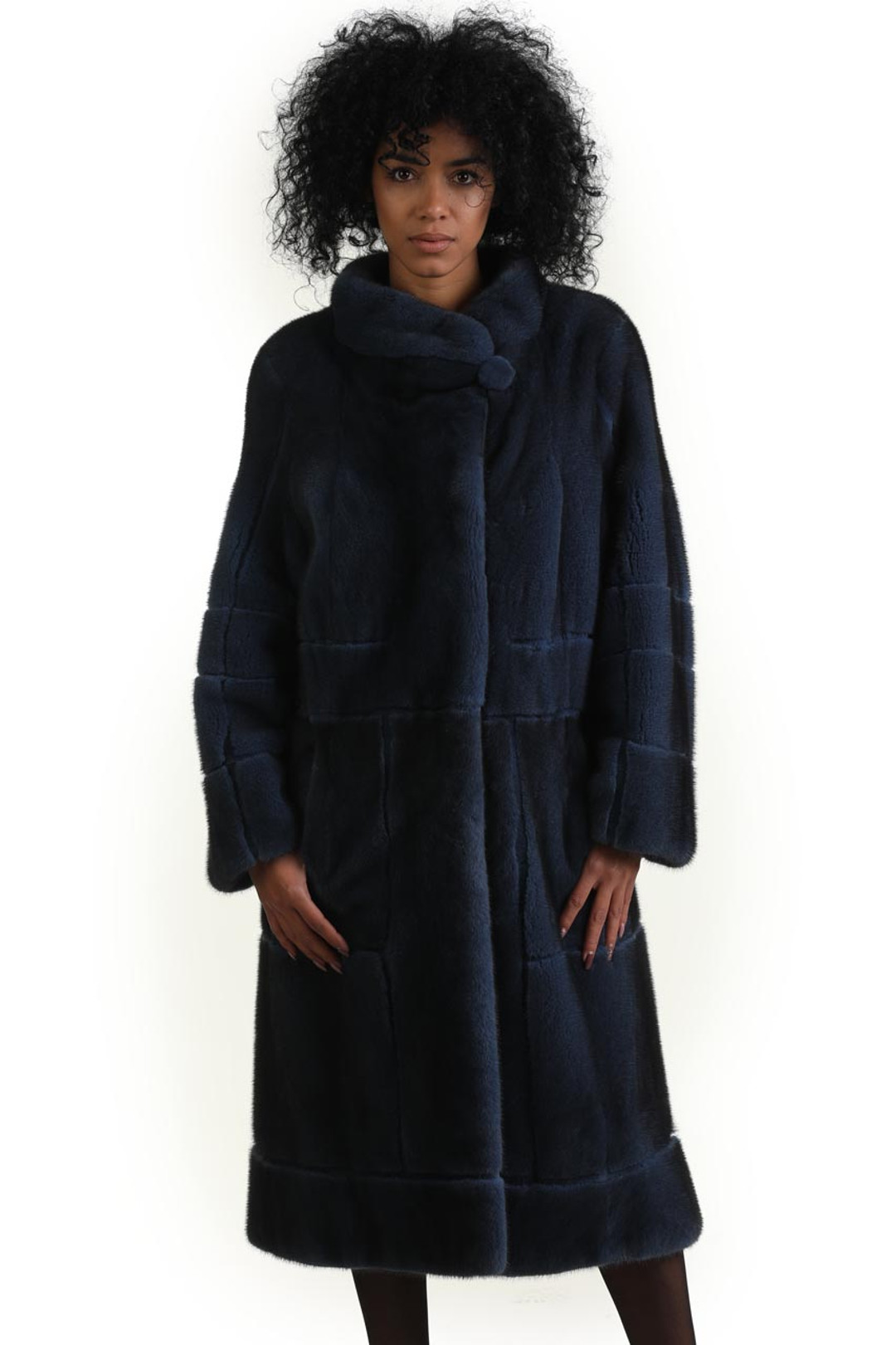 dark blue mink fur coat knee length geometric design stand up collar dark blue mink fur coat knee length geometric design stand up collar